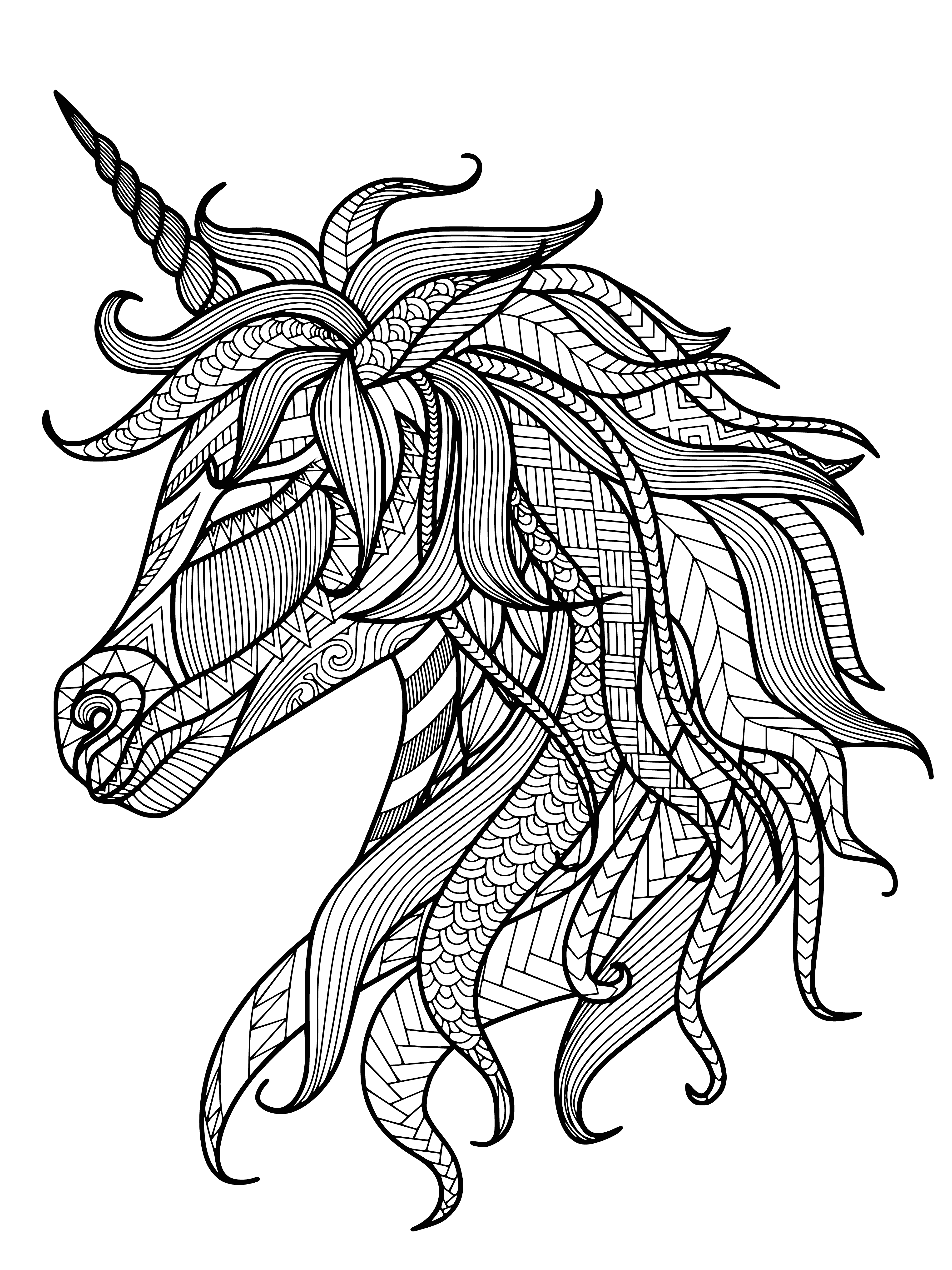 coloring page: Color a adorable unicorn standing on a patch of grass with flowers and a long, spiraling horn.