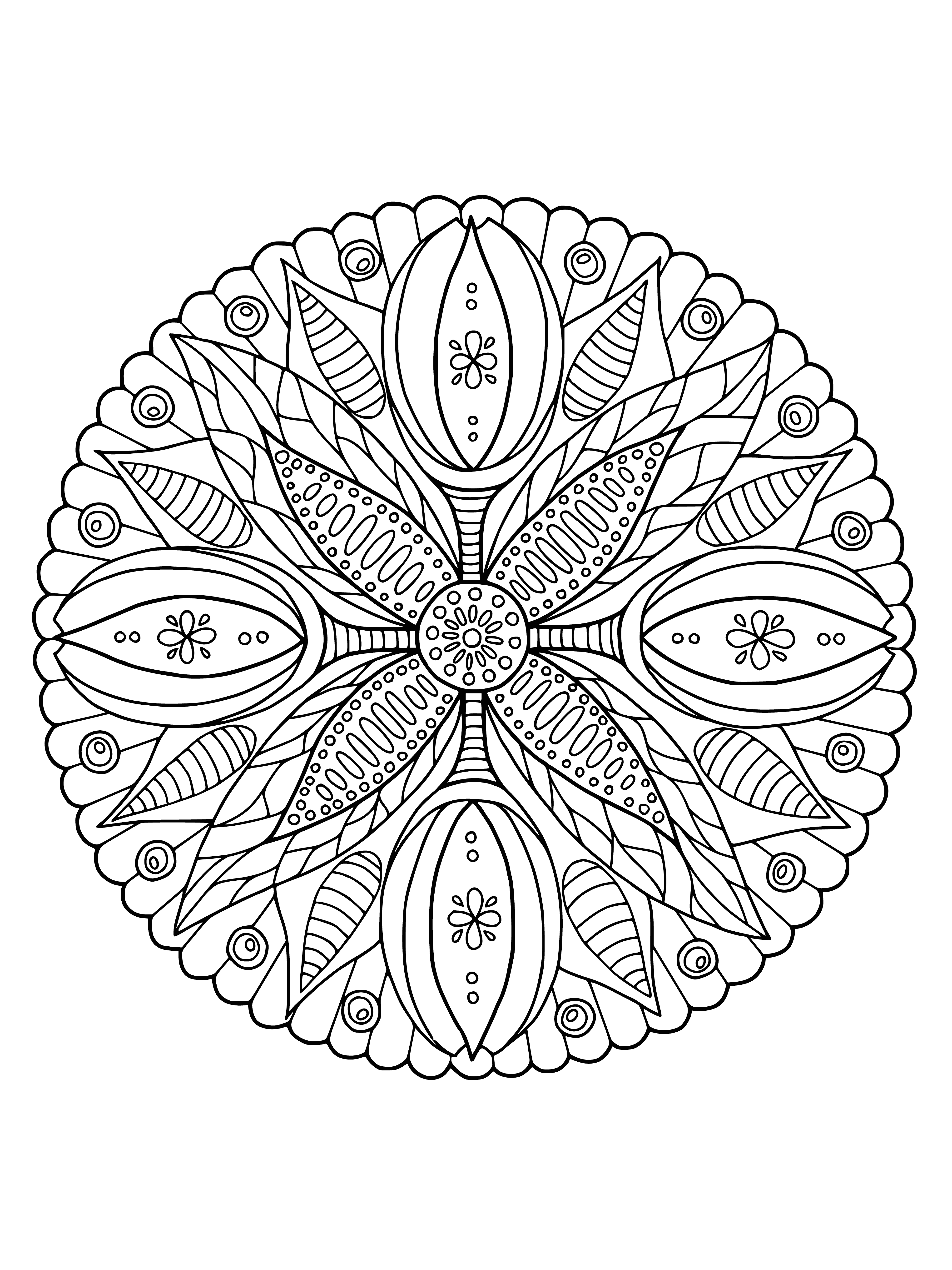 coloring page: Easter mandala has cross in center, surrounded by Easter eggs, bunny rabbits, and a frame of flowers. #Easter #Mandala