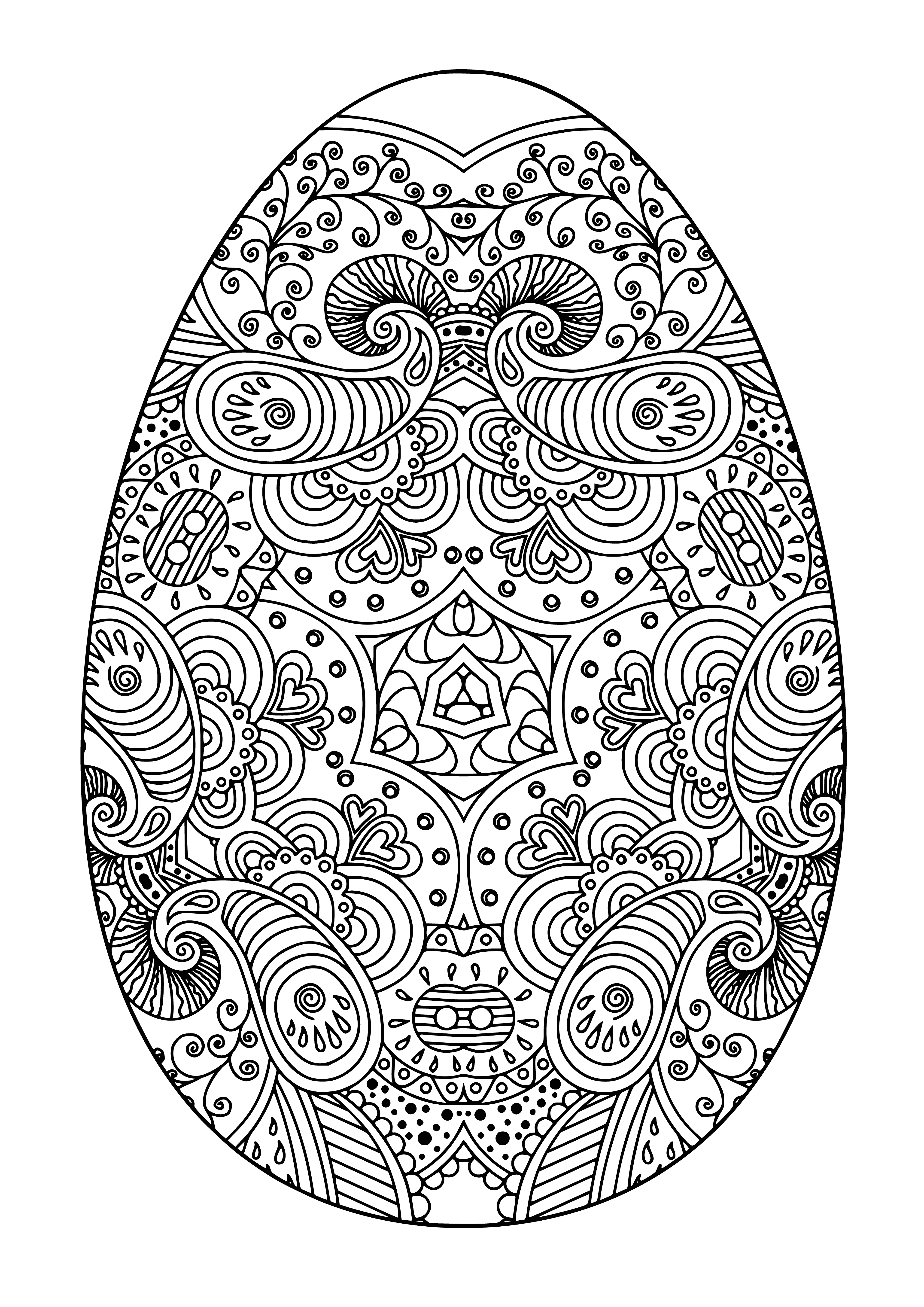 coloring page: Coloring page has large Easter egg with swirls and flowers, plus a bunny holding a basket of eggs. #EasterFun