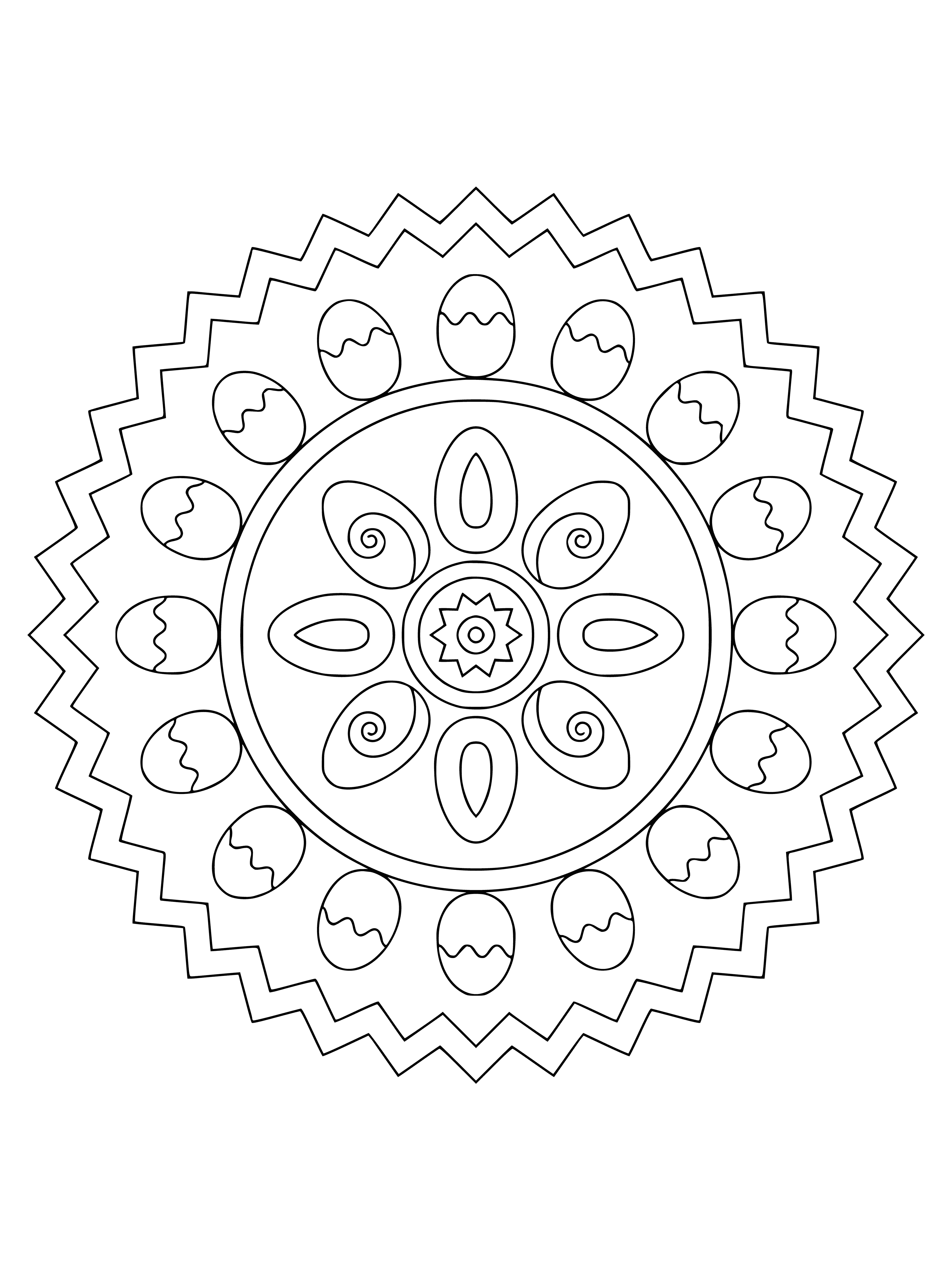 coloring page: A mandala with flowers, bunnies, butterflies & a yellow chick in center; colors: yellow, green & blue.