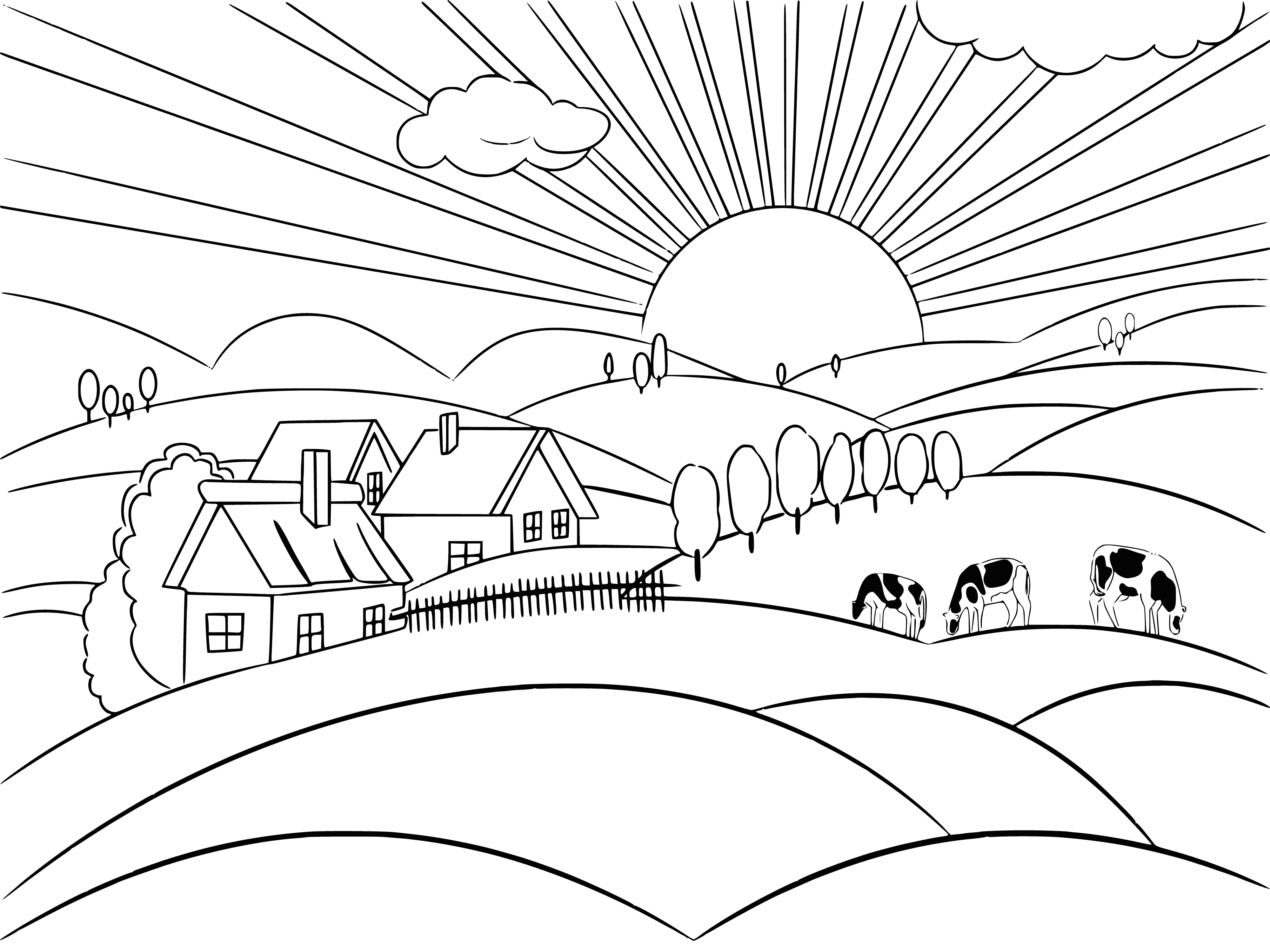 coloring page: A peaceful lake surrounded by thick, forested hills is reflected in a clear sky. A rocky outcropping lies on the other side.