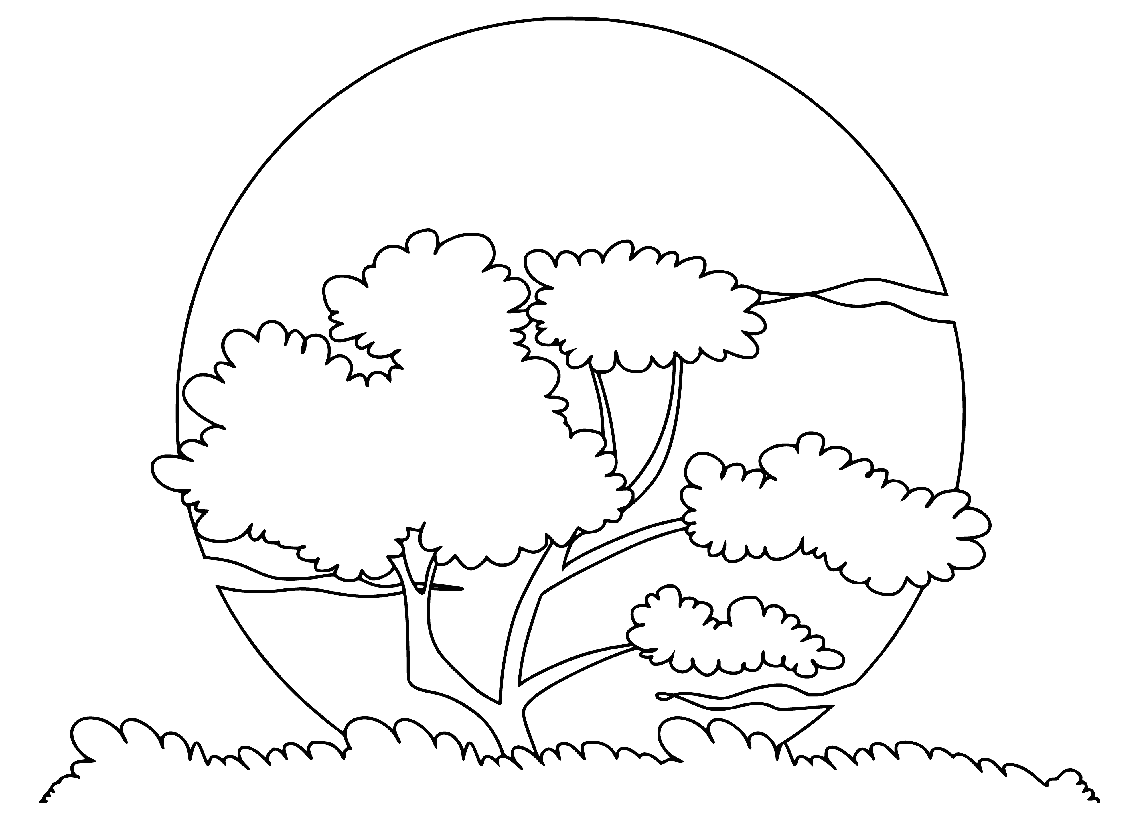 coloring page: A tree reaches to the sky against an orange-yellow sky backdrop as the Sun sets behind a range of mountains.