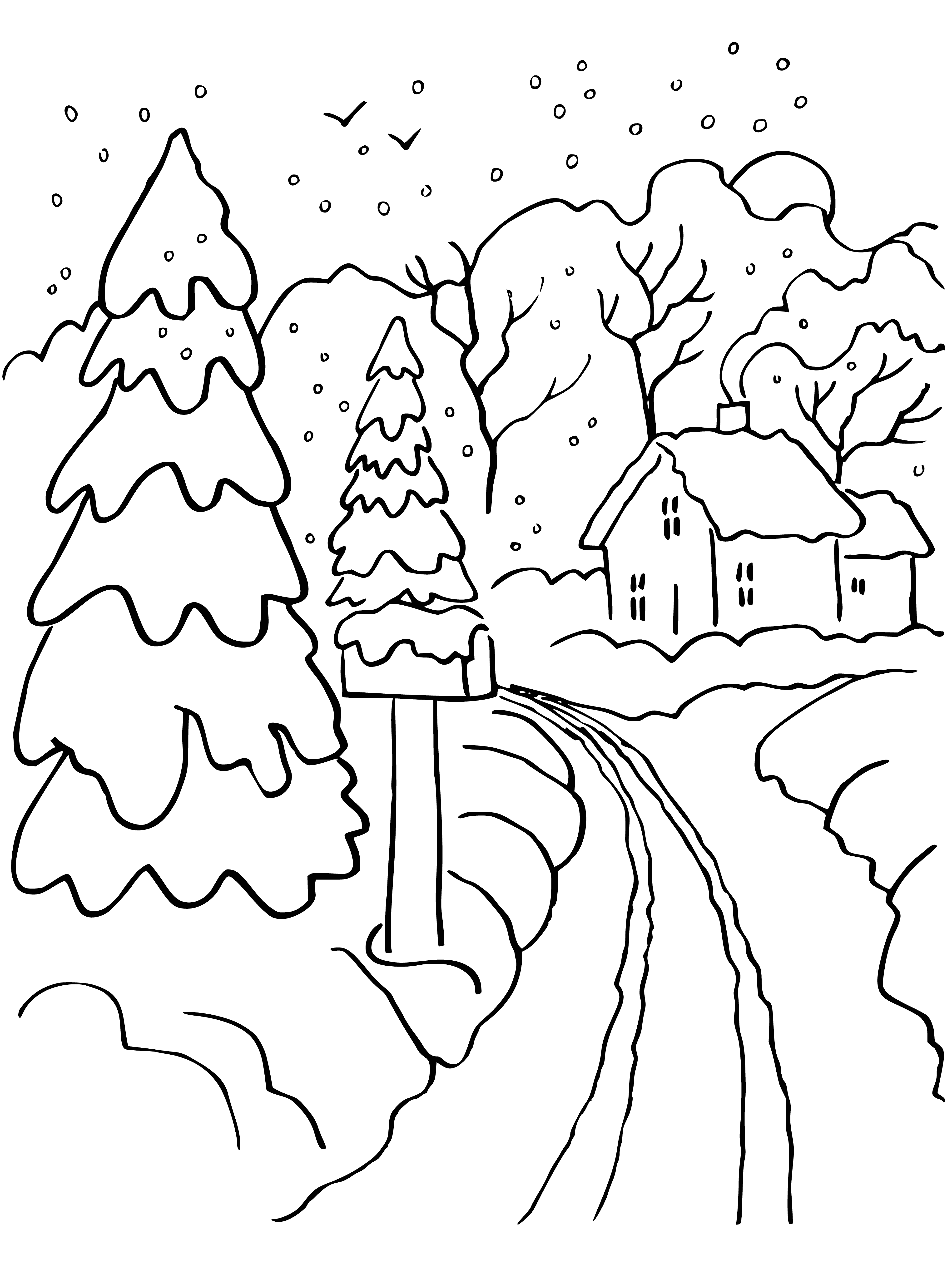 coloring page: Snow-capped mts & evergreen forest, blanketed in snow with a river winding through. A wintry, peaceful landscape. #nature