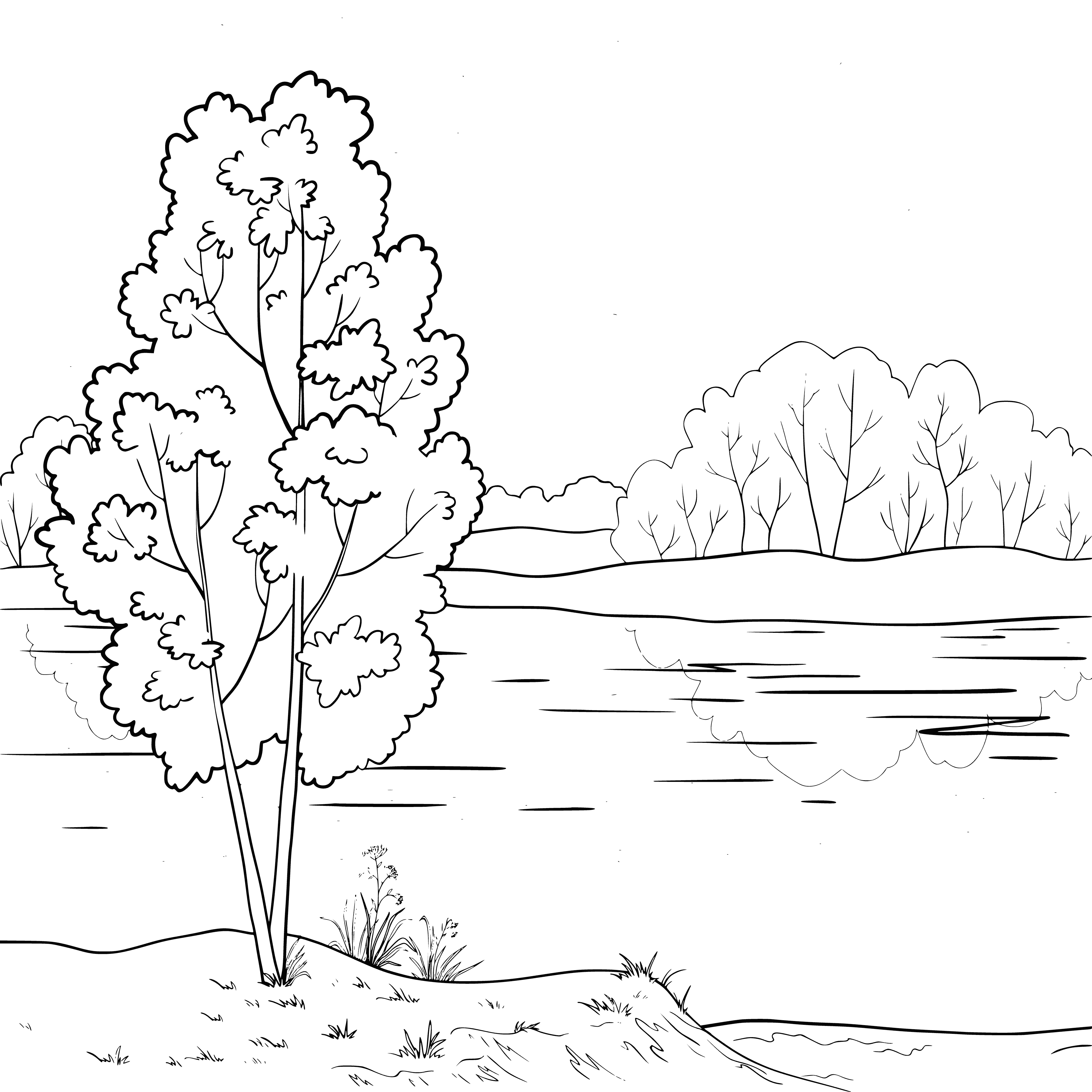 coloring page: River w/ cliffs on both sides & trees on banks & cliffs. Focused on the river in the middle of the landscape. #Landscape #River #Cliffs #Trees