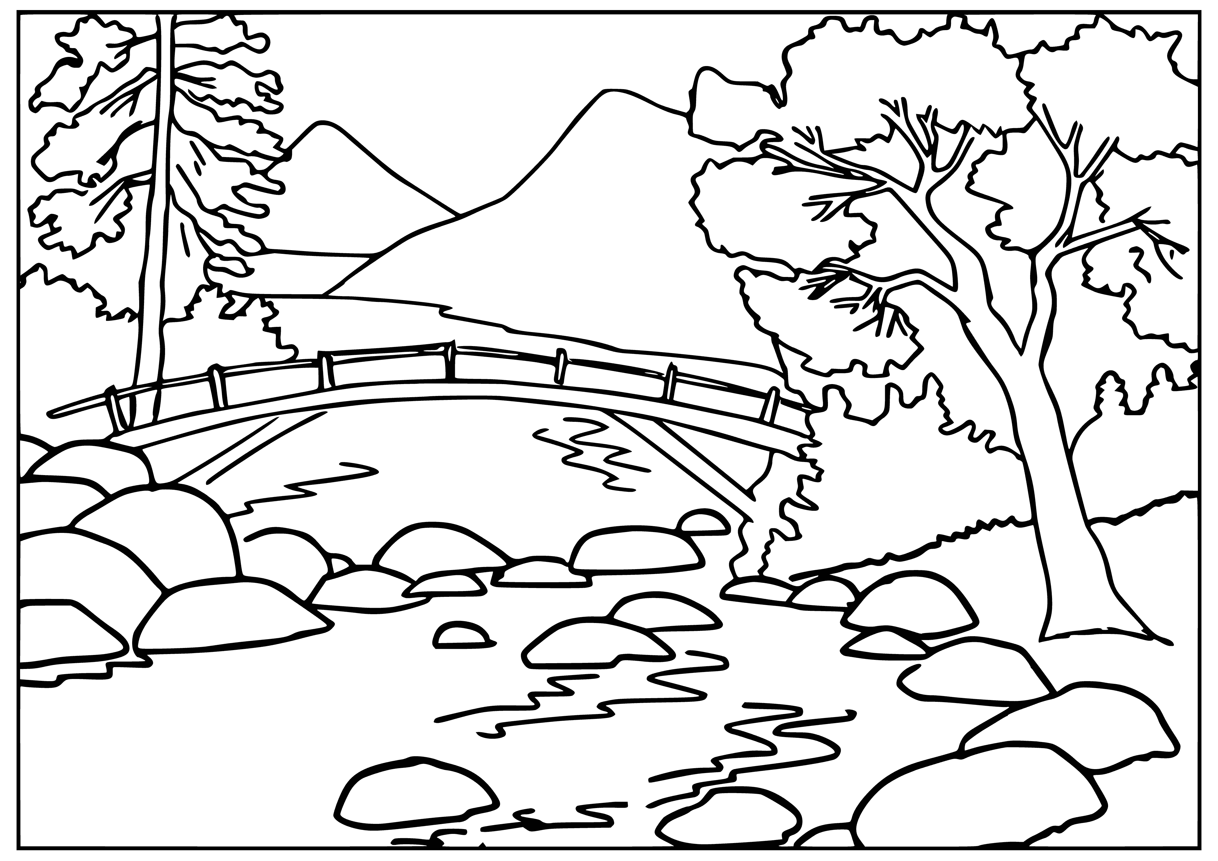 coloring page: A bridge of concrete and metal, with cars and pedestrians, standing over a river. #coloringpage