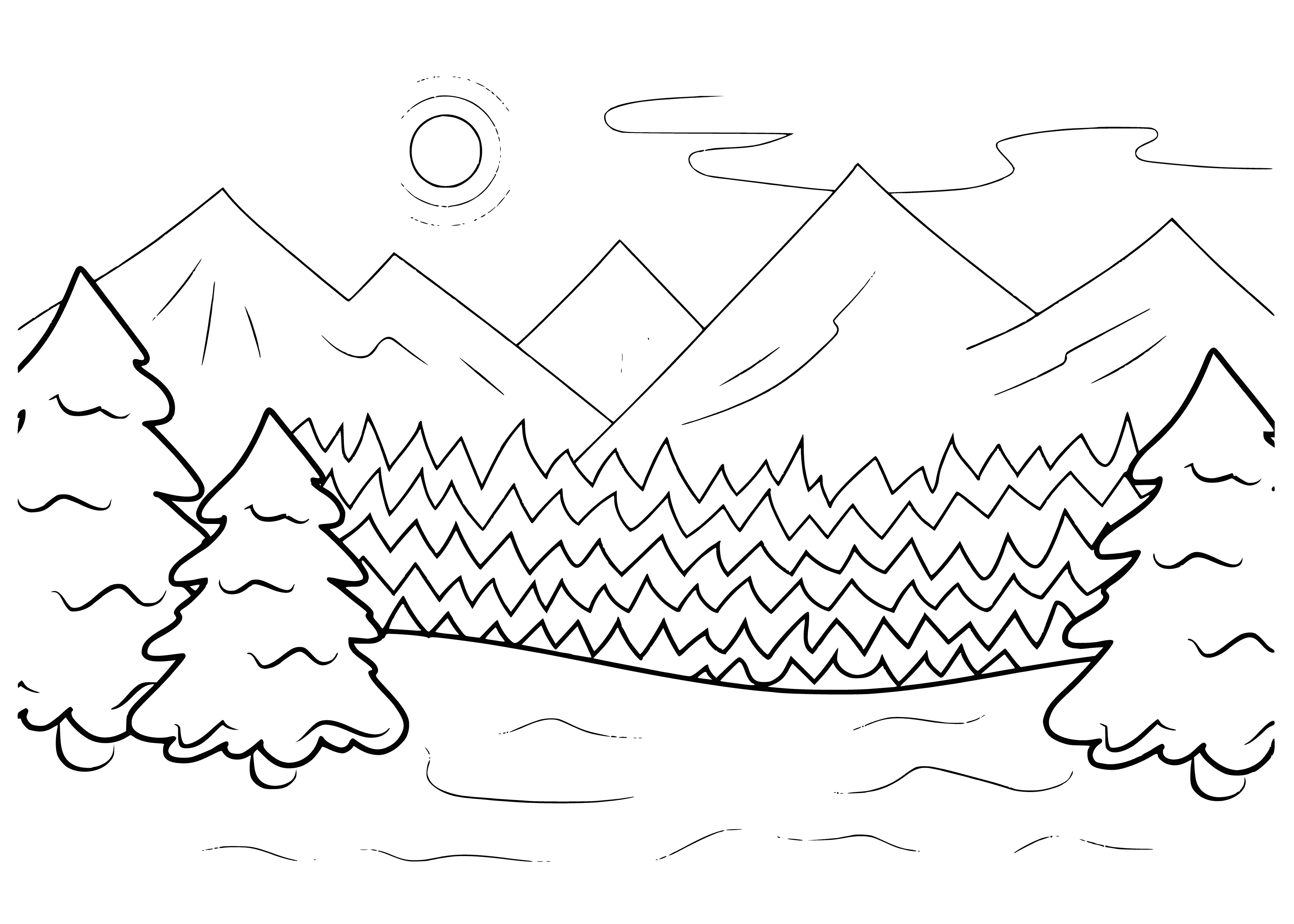 coloring page: Snowy mountains in the distance, leafless trees in the valley and a river running through. Winter in full force. #WinterWonderland