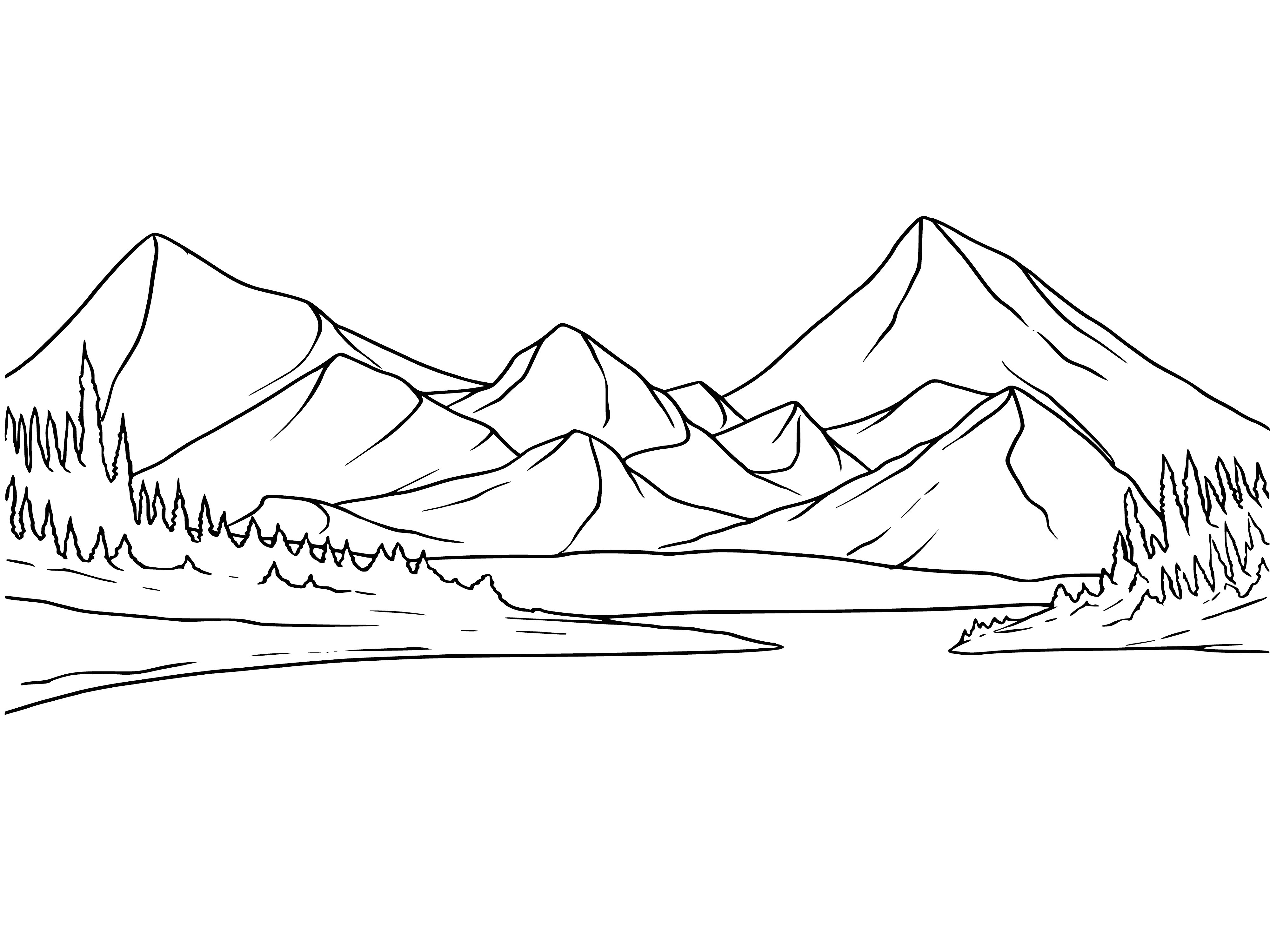 coloring page: A landscape of green mountains topped with snow, surrounded by trees and water. A serene blue sky in the background.