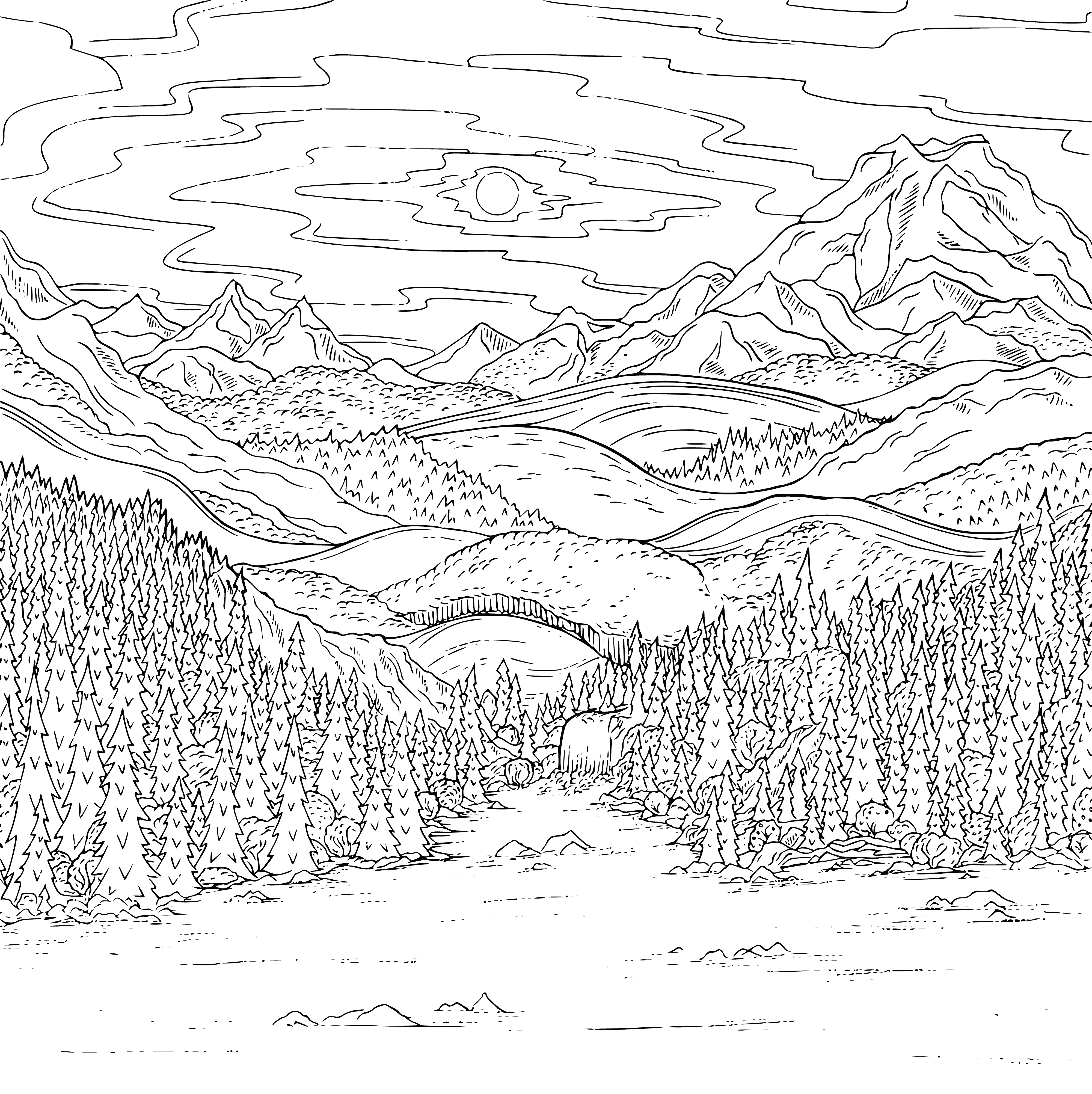 coloring page: A majestic mountain range standing in the distance, its peaks hidden in clouds, surrounded by a foggy sea and a vibrant, flower-filled valley. A serene, peaceful sight.
