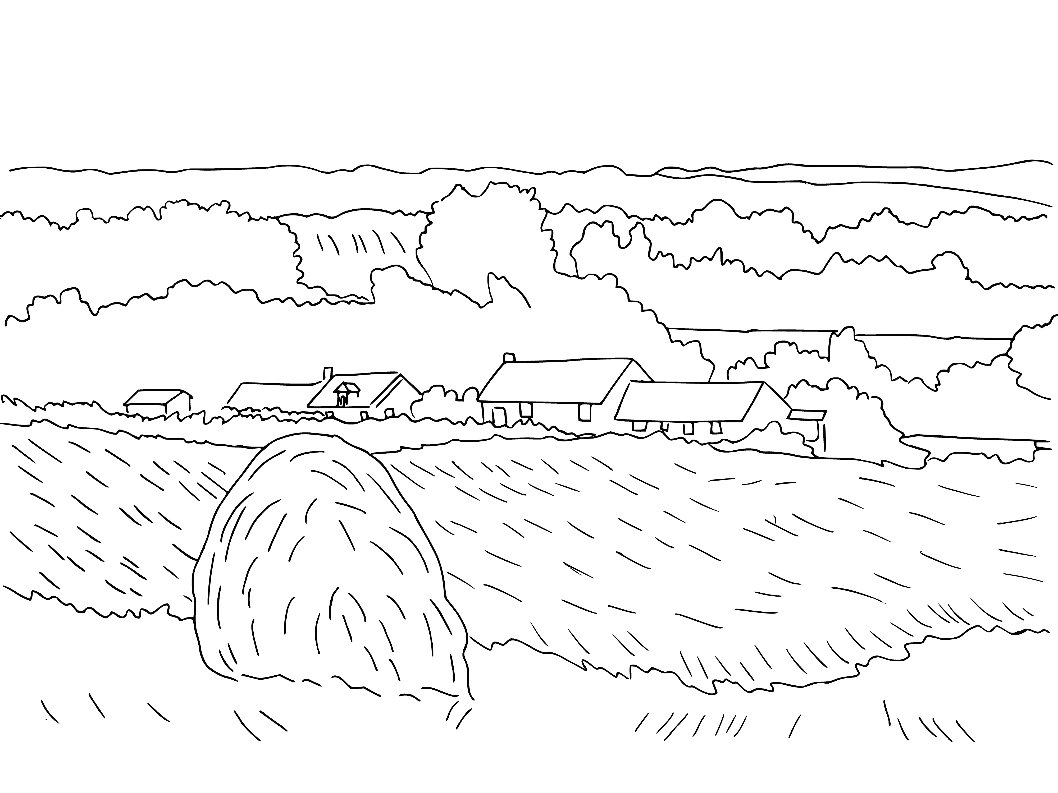 coloring page: Beautiful landscape full of greenery, trees, blue sky, white clouds, and mountains in the distance.