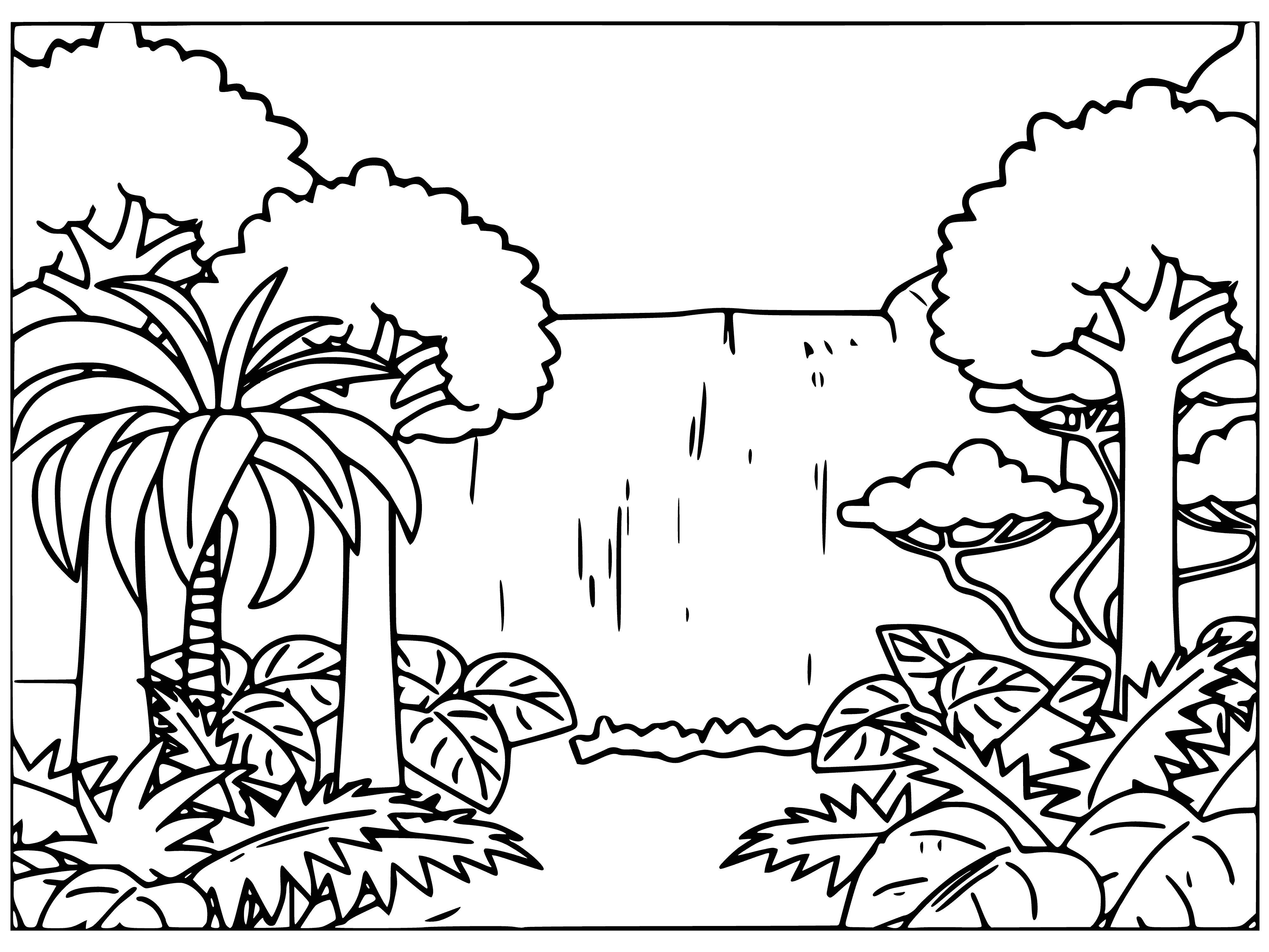 coloring page: A cascading waterfall with a bridge, trees & mountainside in a coloring page.