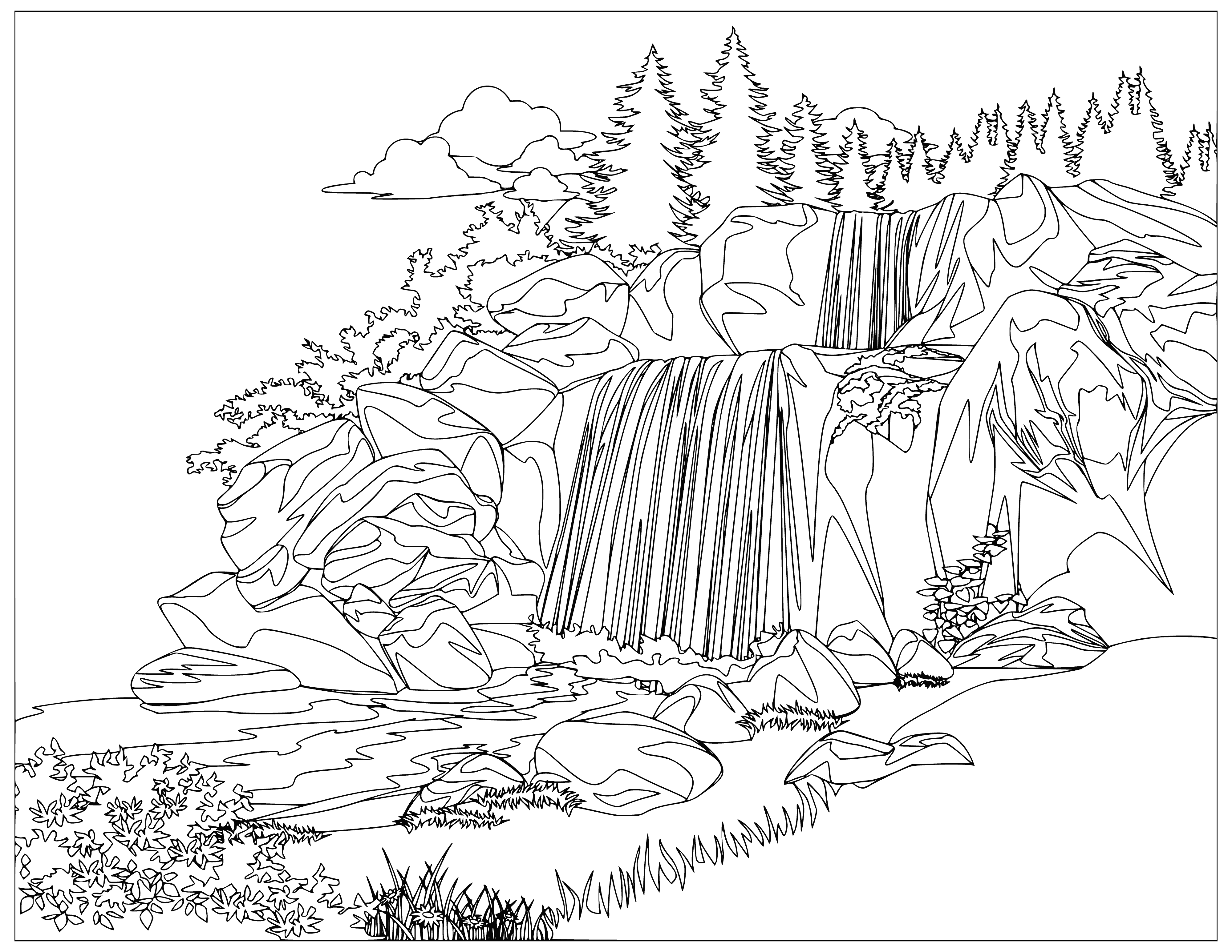 coloring page: Small mountain in background, river & trees in foreground, blue sky & white clouds - beautiful scenery! #nature #coloring pageperfect