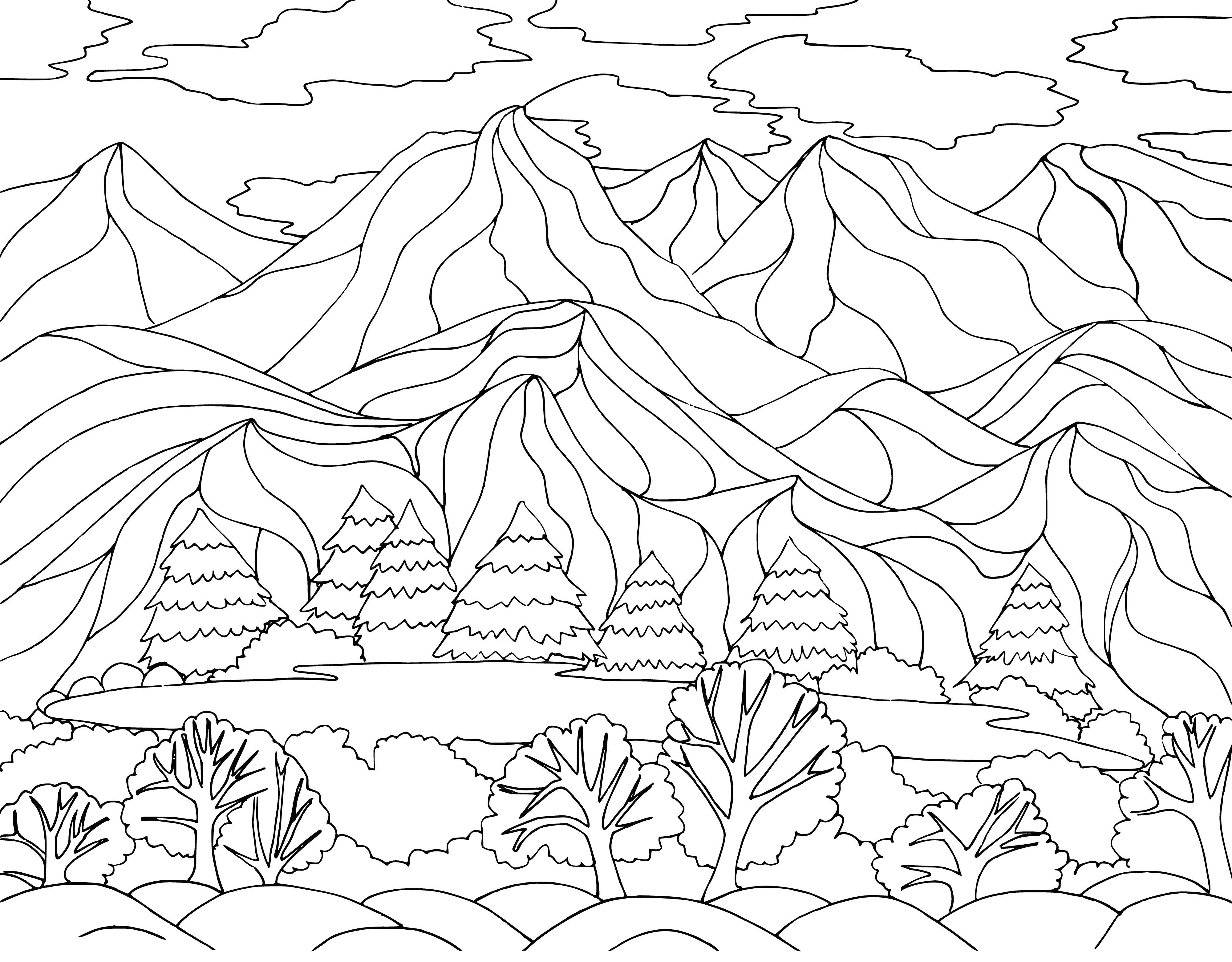 coloring page: Tall & big mountains with snow & trees, pointy & majestic.