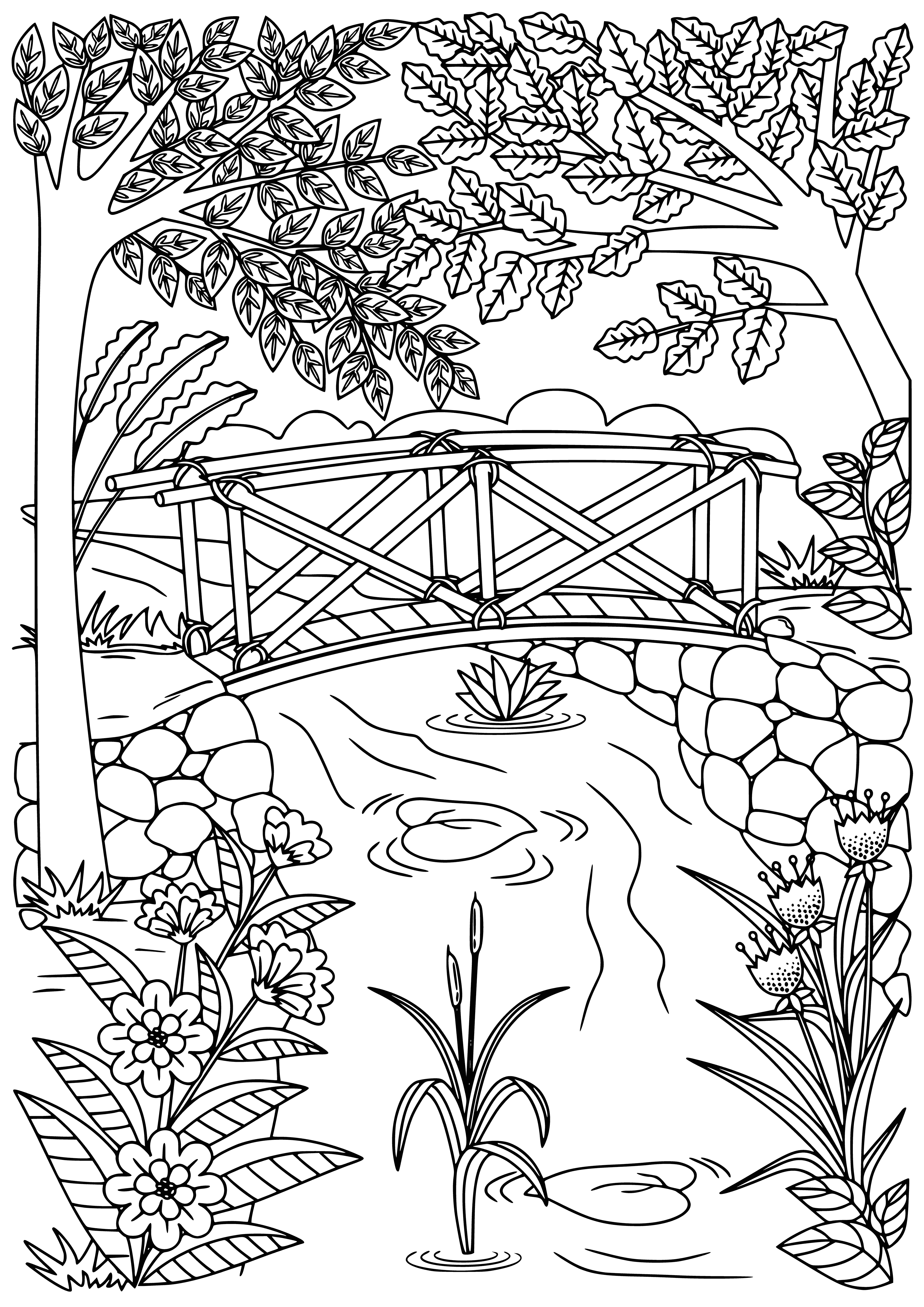 coloring page: A metal & concrete bridge spans a river, supported by pillars, letting traffic flow in both directions below its calm waters.