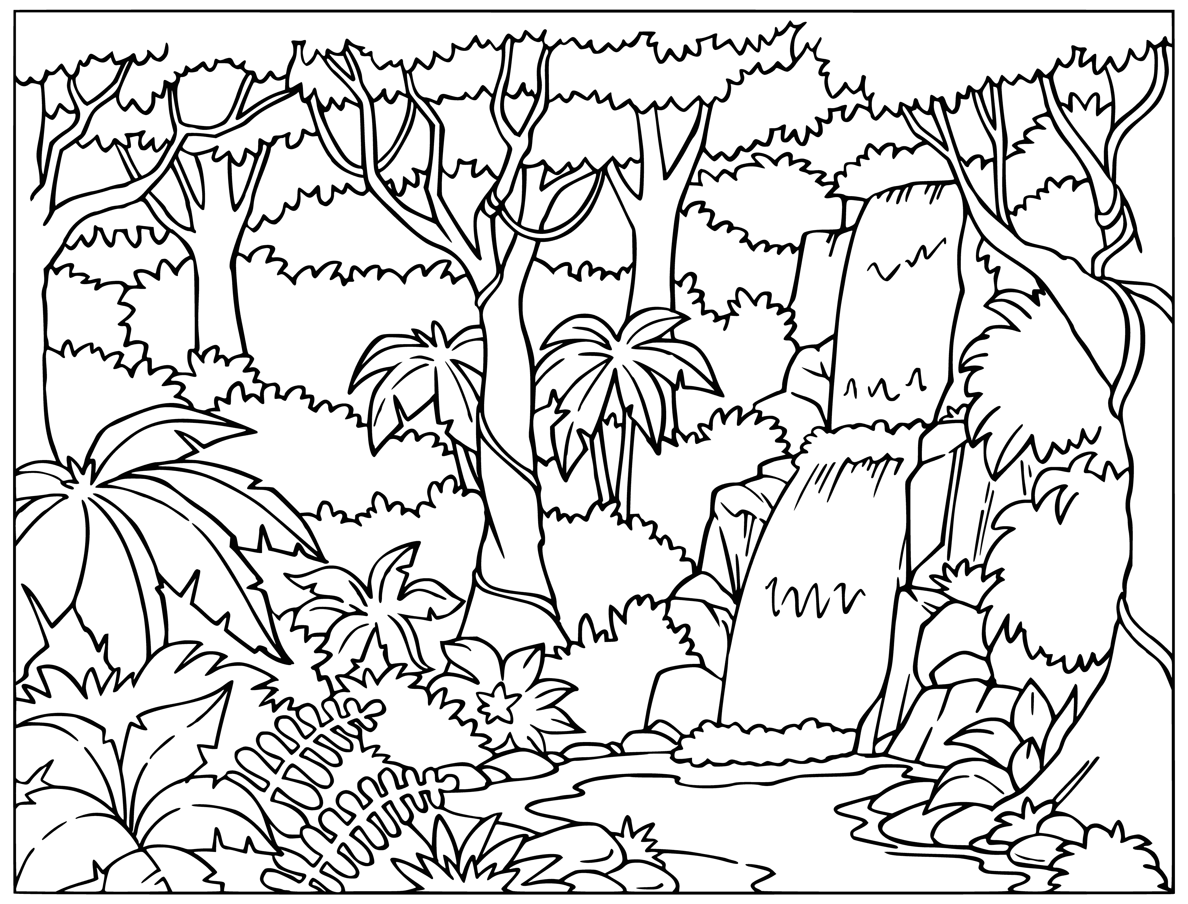 coloring page: Ocean deep blue, sky bright blue, sun huge orange setting, land green, palms & trees, mountains in the distance.