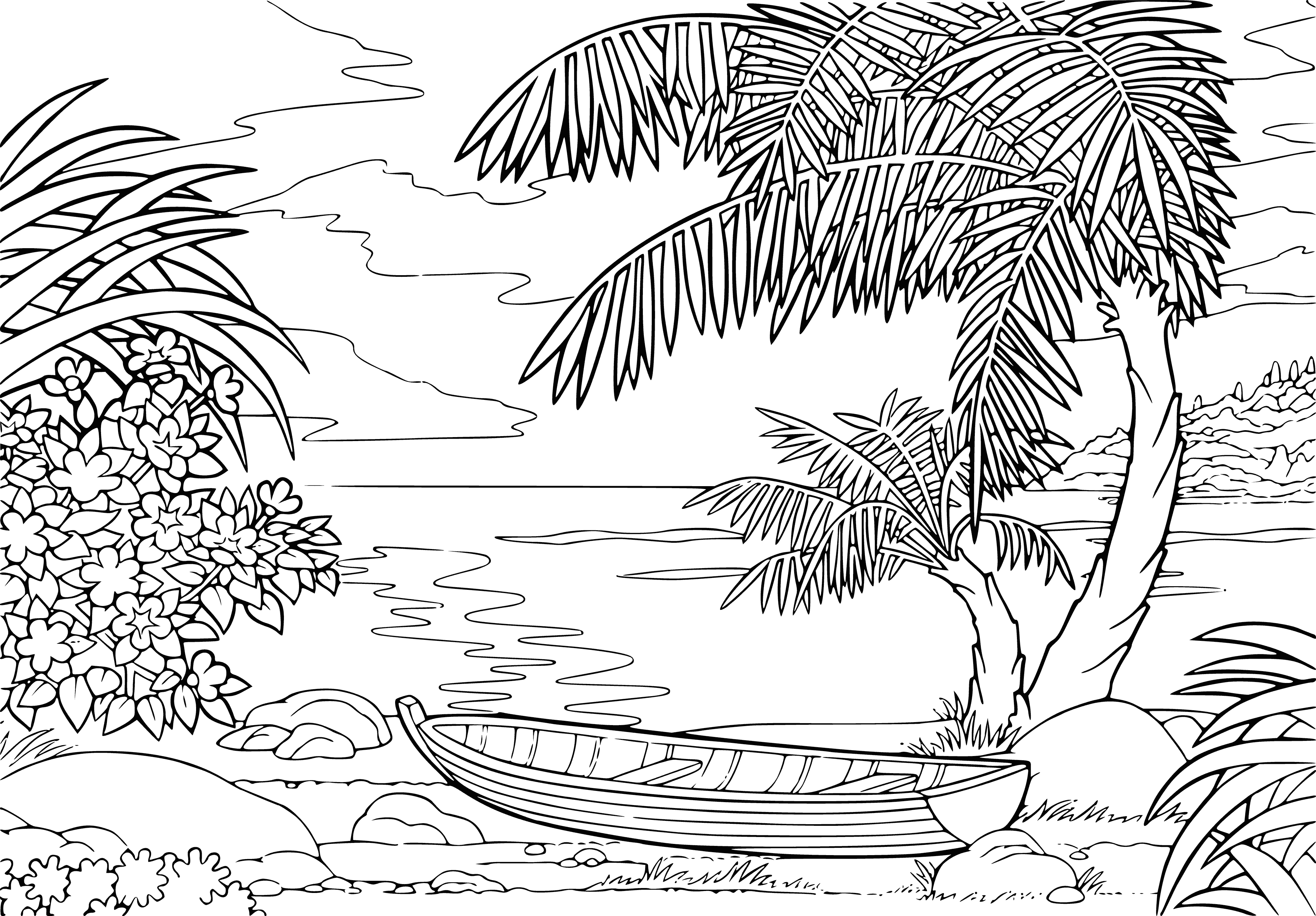 coloring page: A peaceful ocean scene with waves, a sunny sky, and an island with palms - the perfect setting to color. #ColorMeHappy