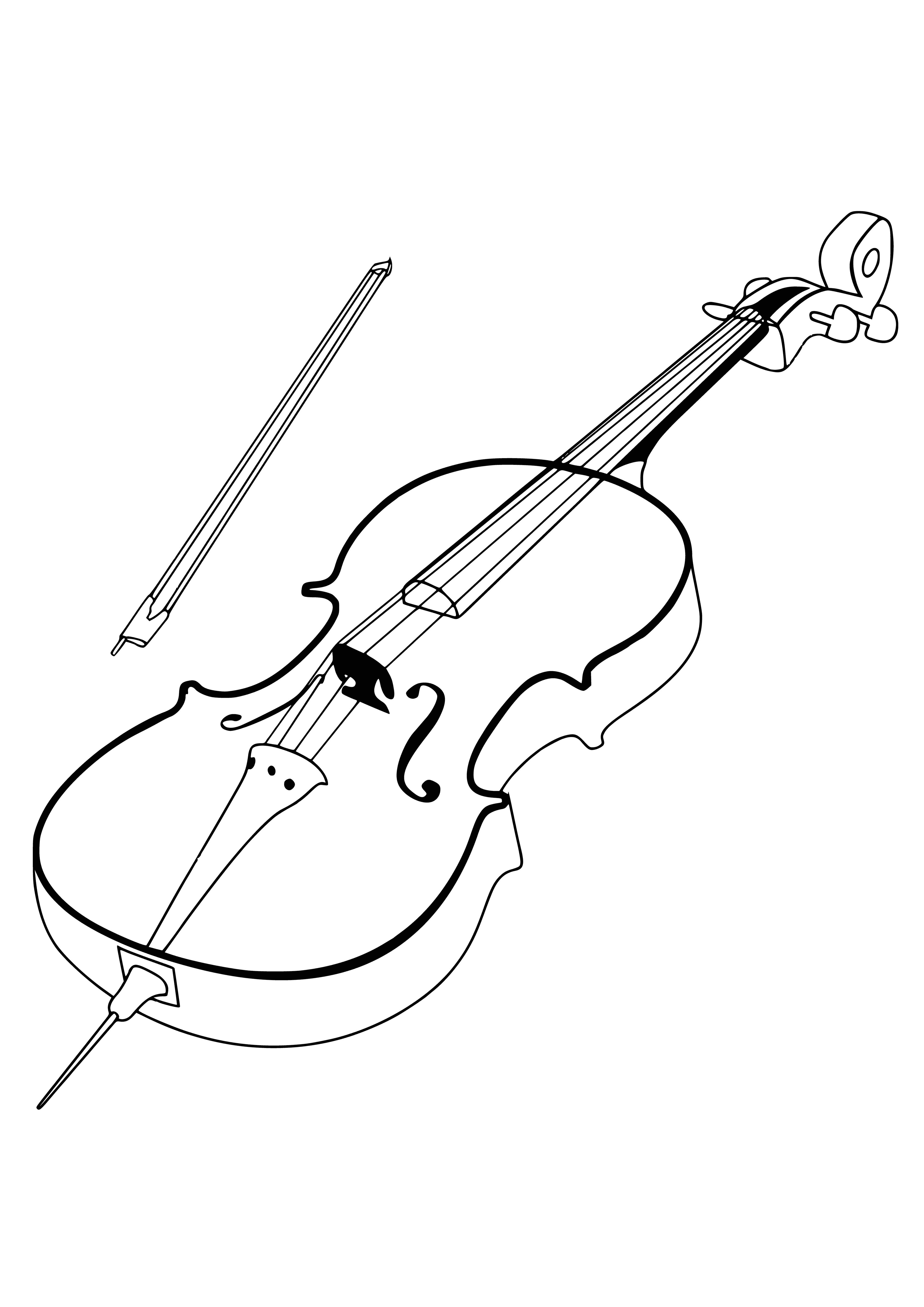 coloring page: Person playing the cello with a bow in their right hand, wearing black clothes, hair pulled back. Cello is a large, wooden instrument with four strings stretched across the neck and body. #musicalinstrument #cello #music