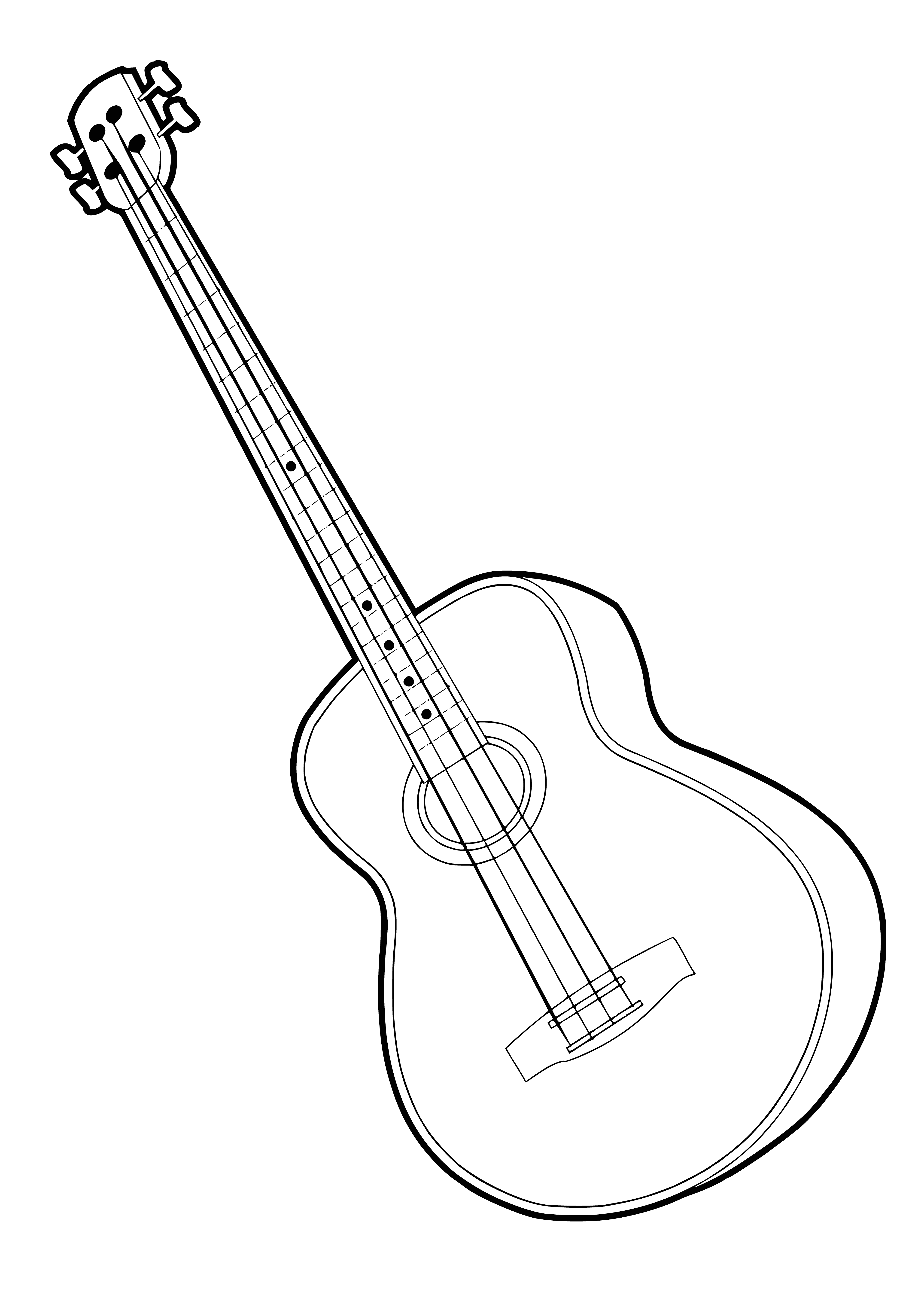 coloring page: Lying on wooden floor, a brownish-gold ukulele with 4 strings & white label.