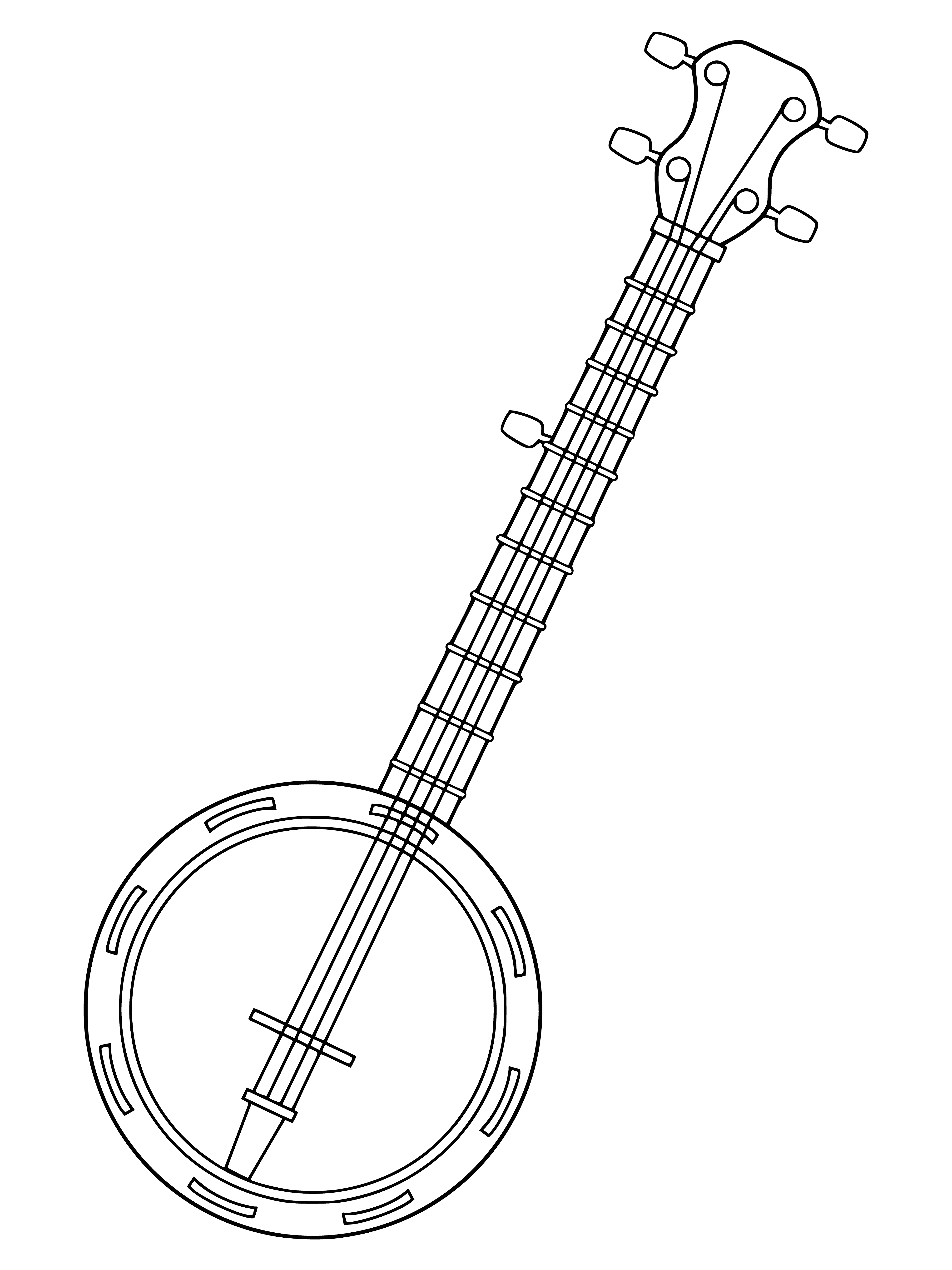 coloring page: Banjo is a stringed African-American instrument with a cylindrical body and membrane; played with fingers or pick.