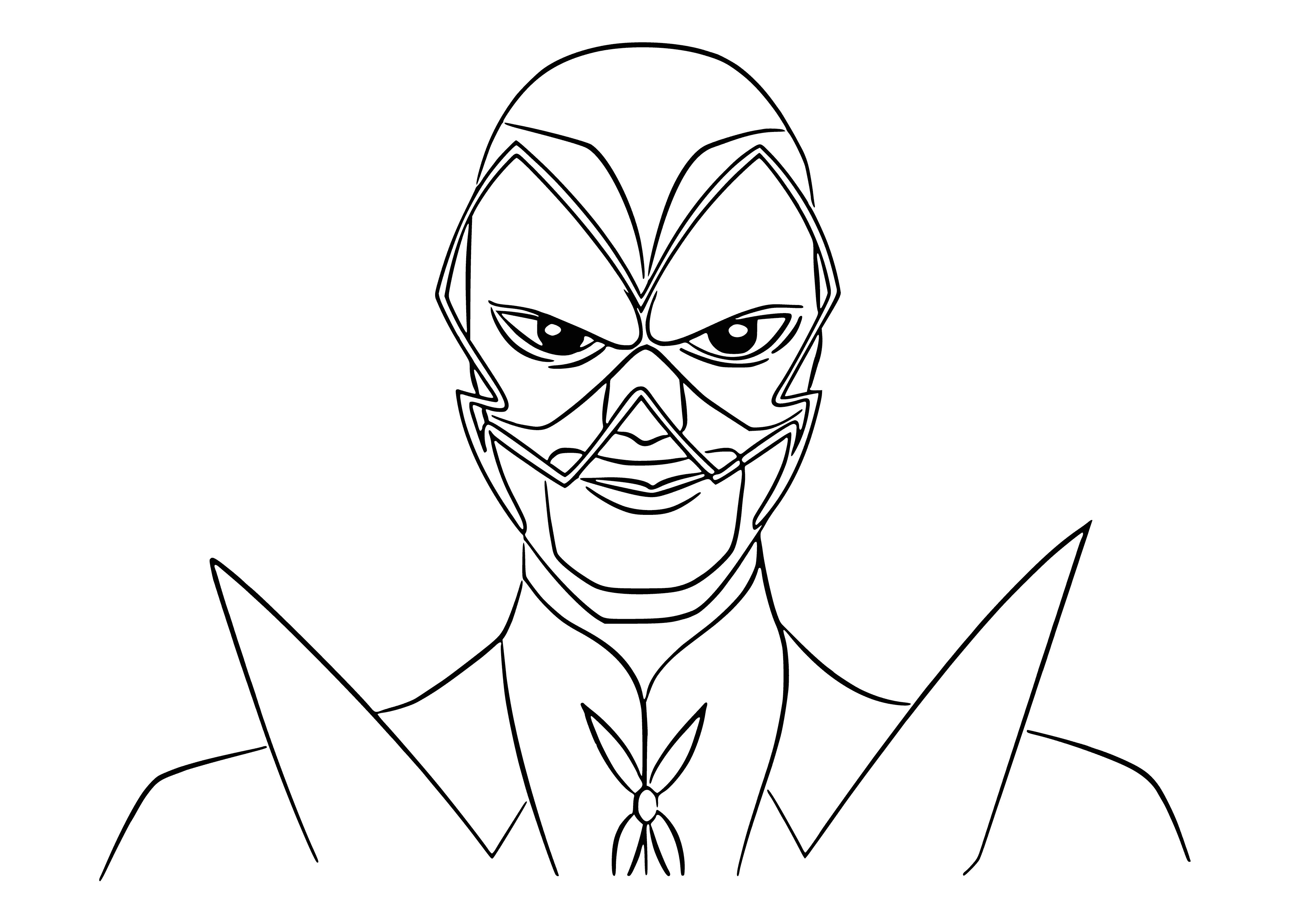 coloring page: Hawk: super villain part of Legion of Doom, master of aerodynamics, purple suit/yellow cape, beak-like nose & can fly w/ wings.