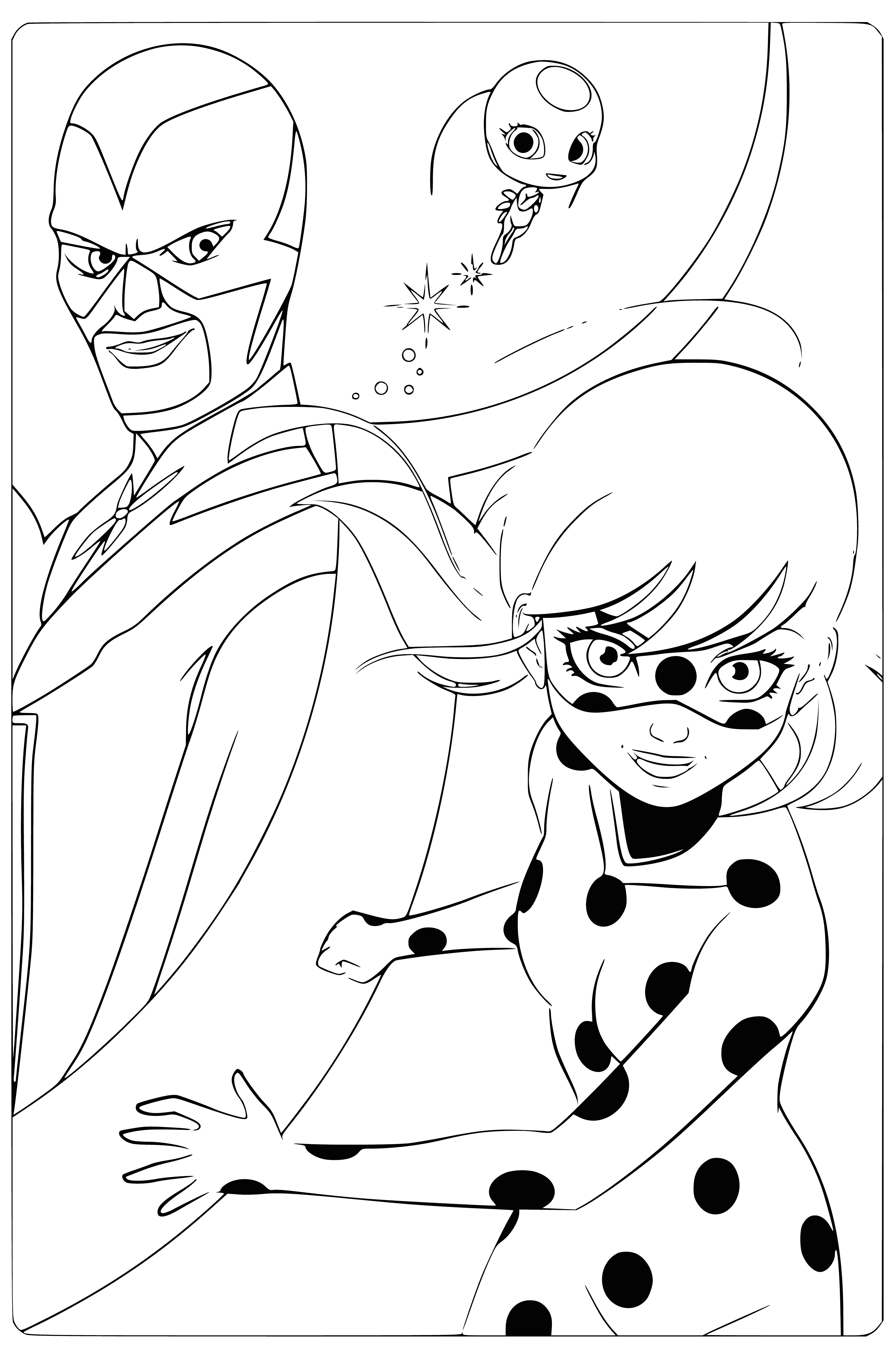 coloring page: Hawk Moth is a supervillain who seeks power and Tikki is a Kwami who helps Ladybug protect Paris from evil.