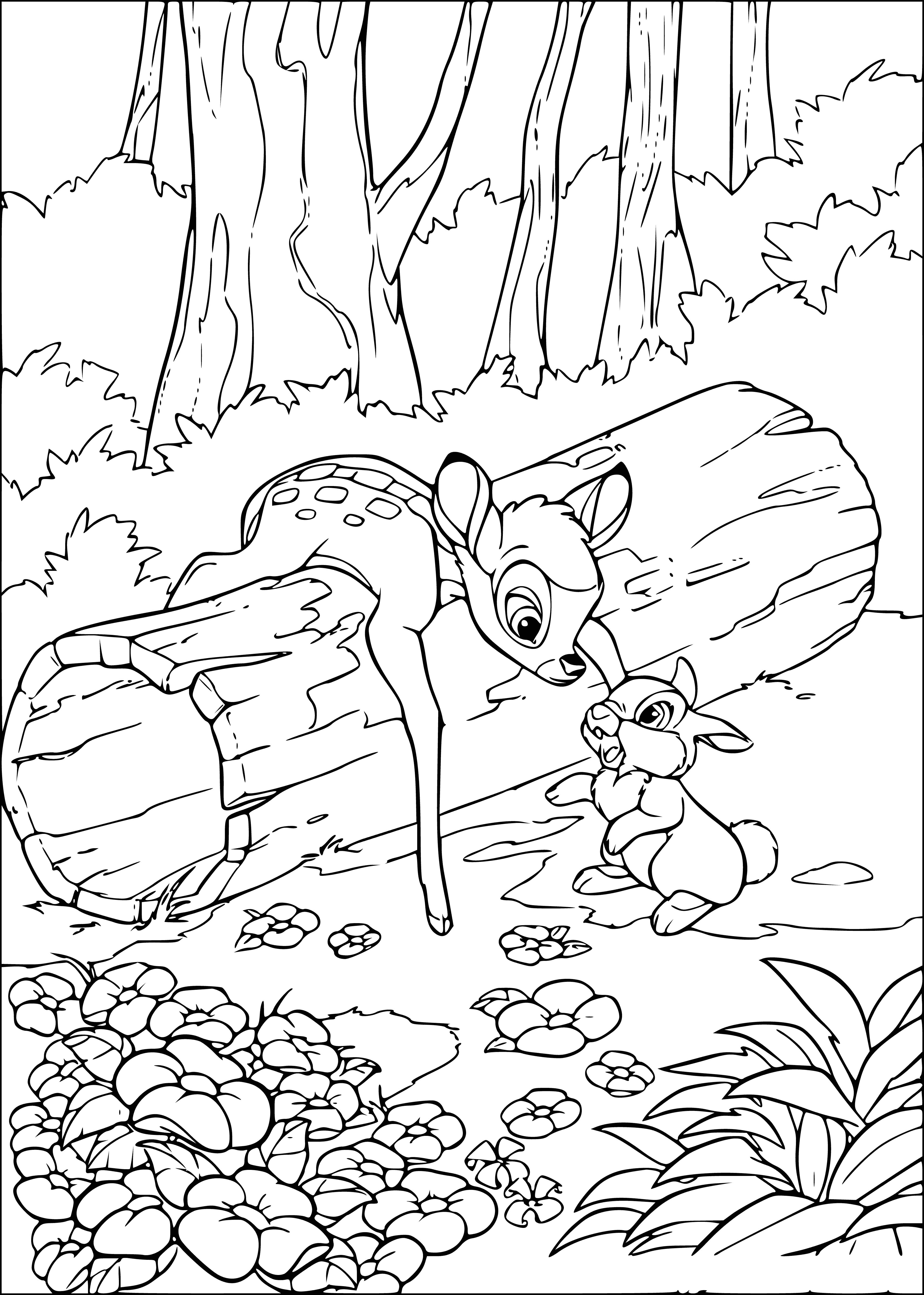 coloring page: Bambi, a white and black deer w/ big eyes, small nose and pointy antlers, walks in a forest w/ trees, leaves and a river.