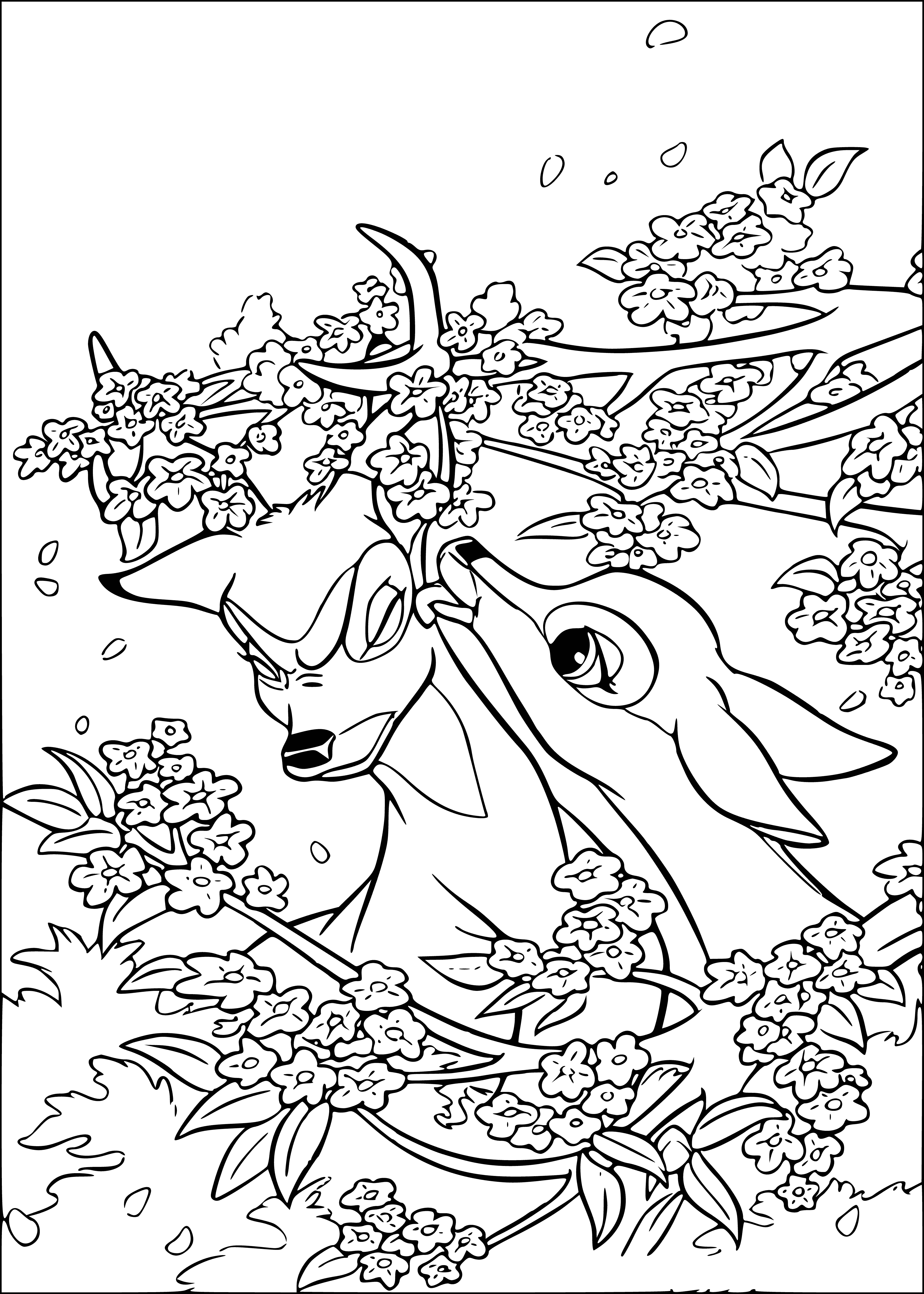 coloring page: Two deer embrace, happy and united despite their color differences. #friendship