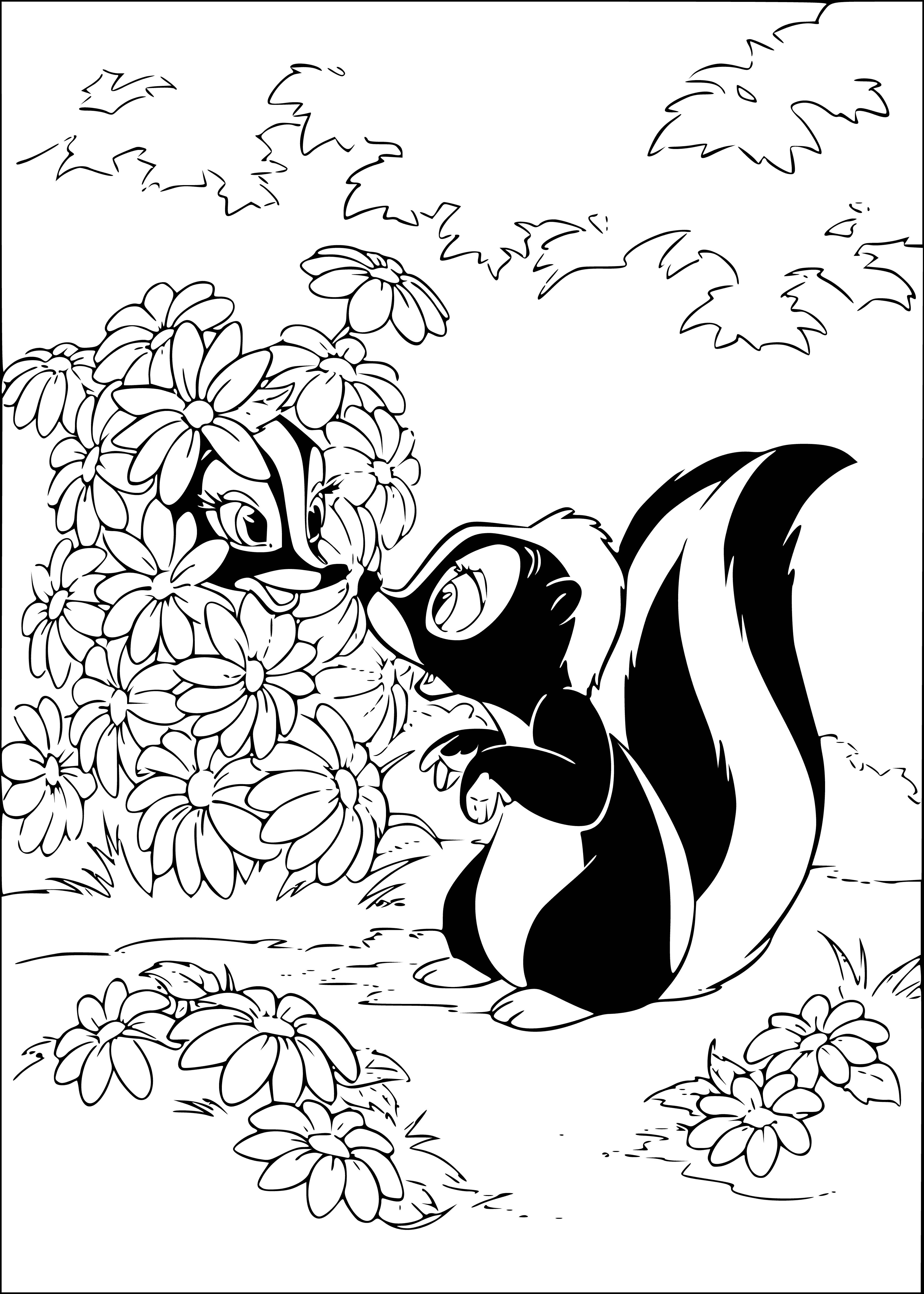 coloring page: Two skunks, black & white, standing side-by-side with long tails! #ColoringPage