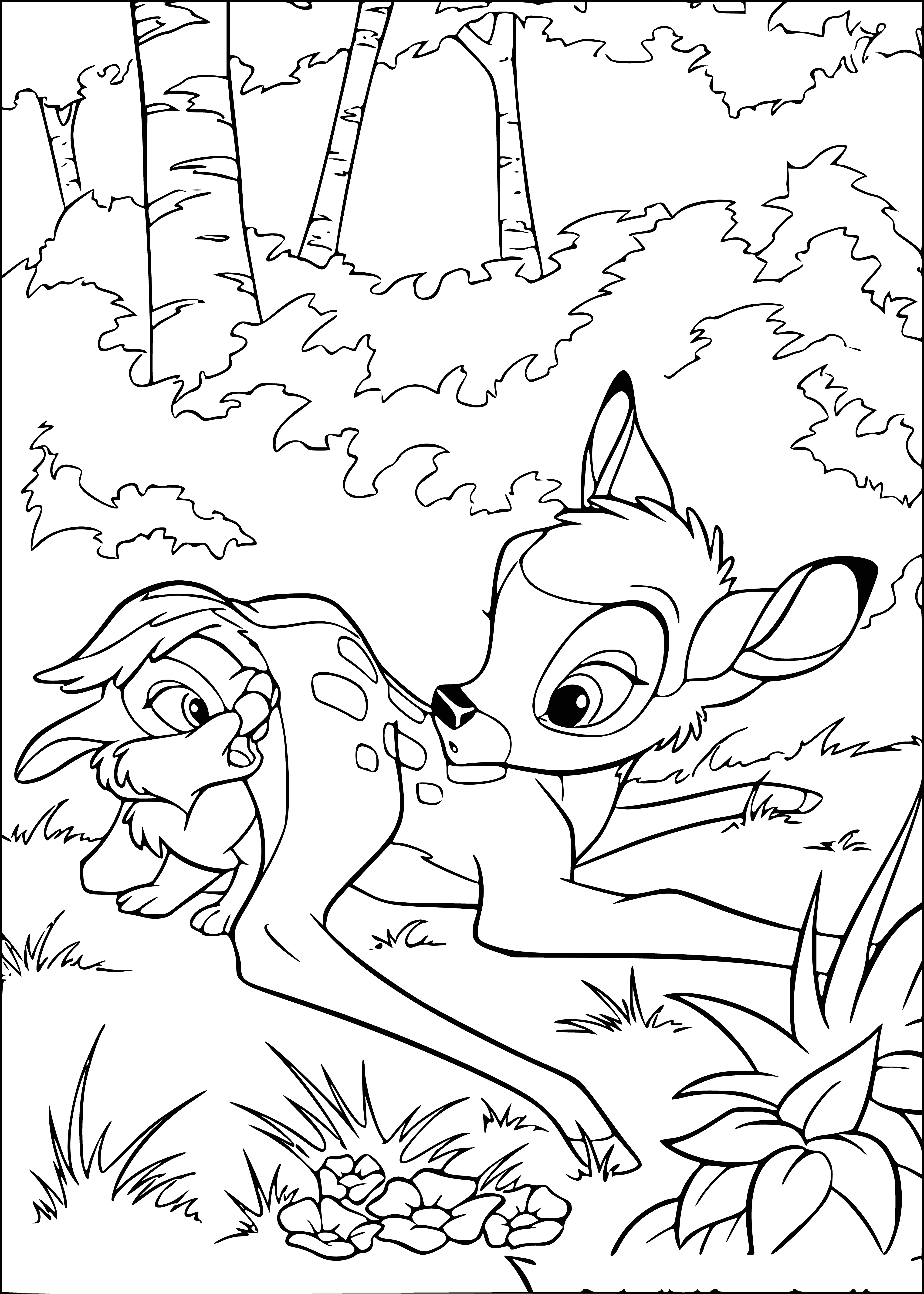 coloring page: Fawn and hare peacefully rest with eyes closed in a coloring page. #coloring #animals