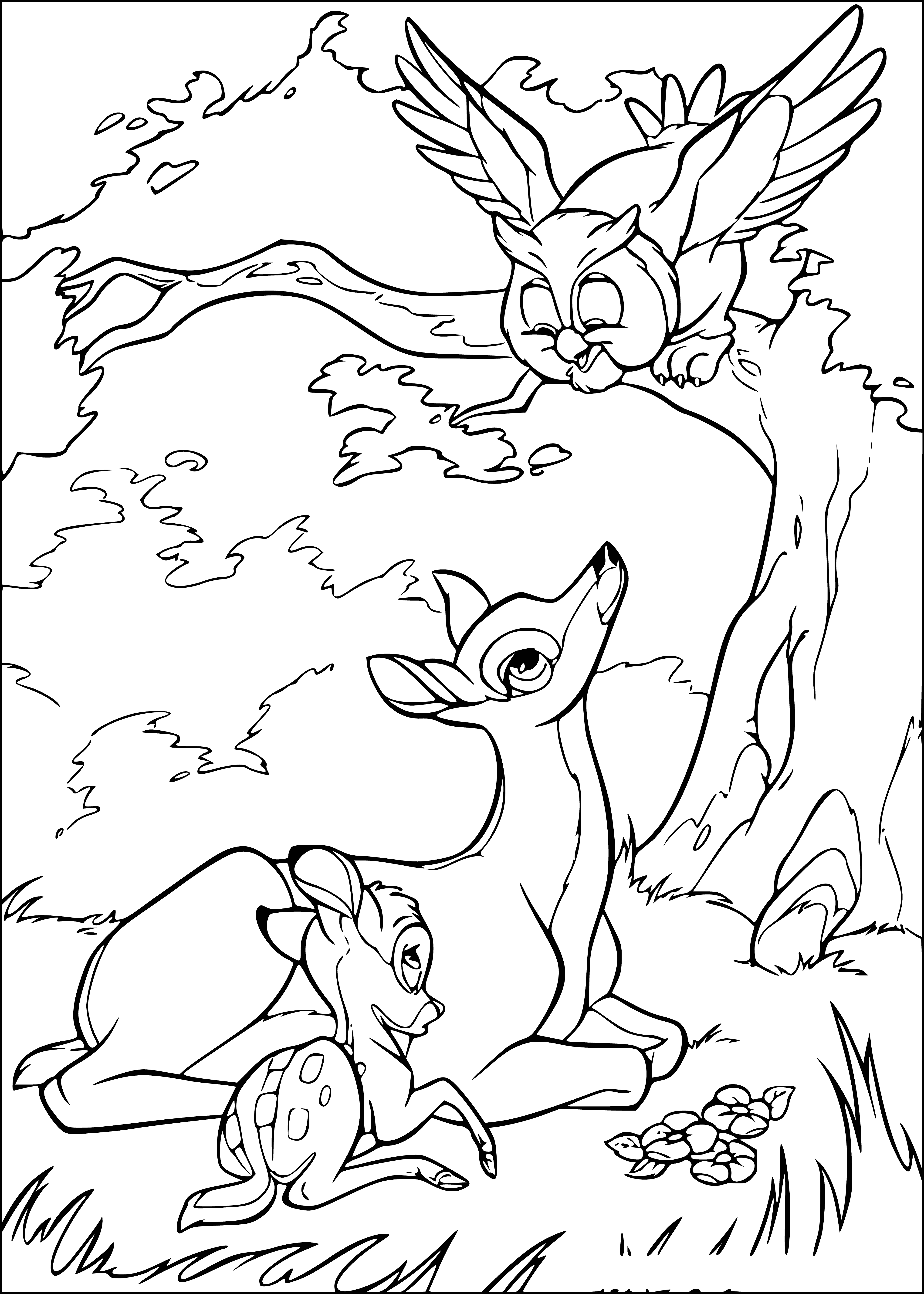 coloring page: Young fawn Bambi lies on his mother's stomach, each with a curious/gentle expression on their face--his eyes looking off to the side.