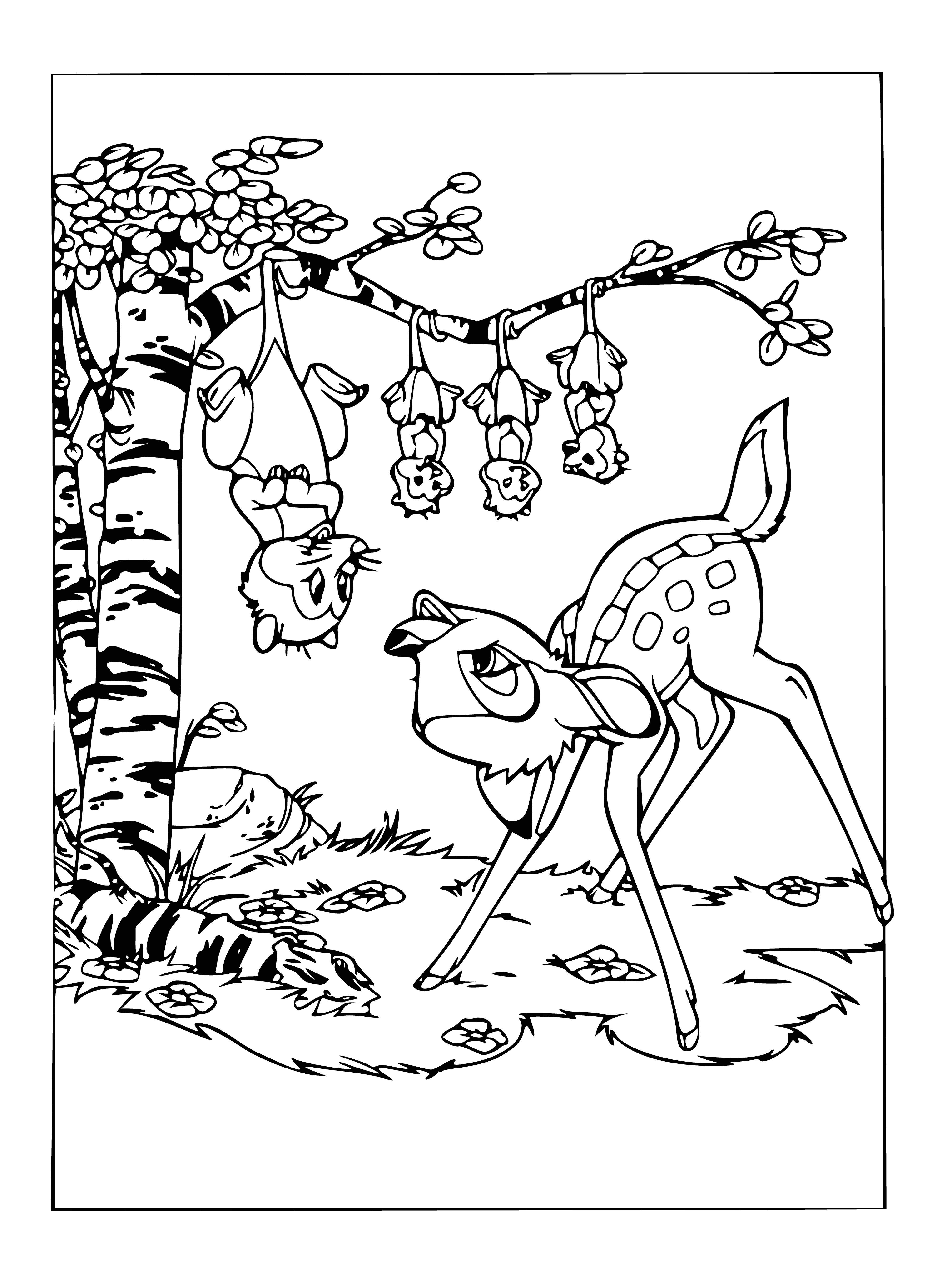 coloring page: 2 animals coloring page: possum hanging from tree branch & Bambi standing next to tree. (Brown & white)