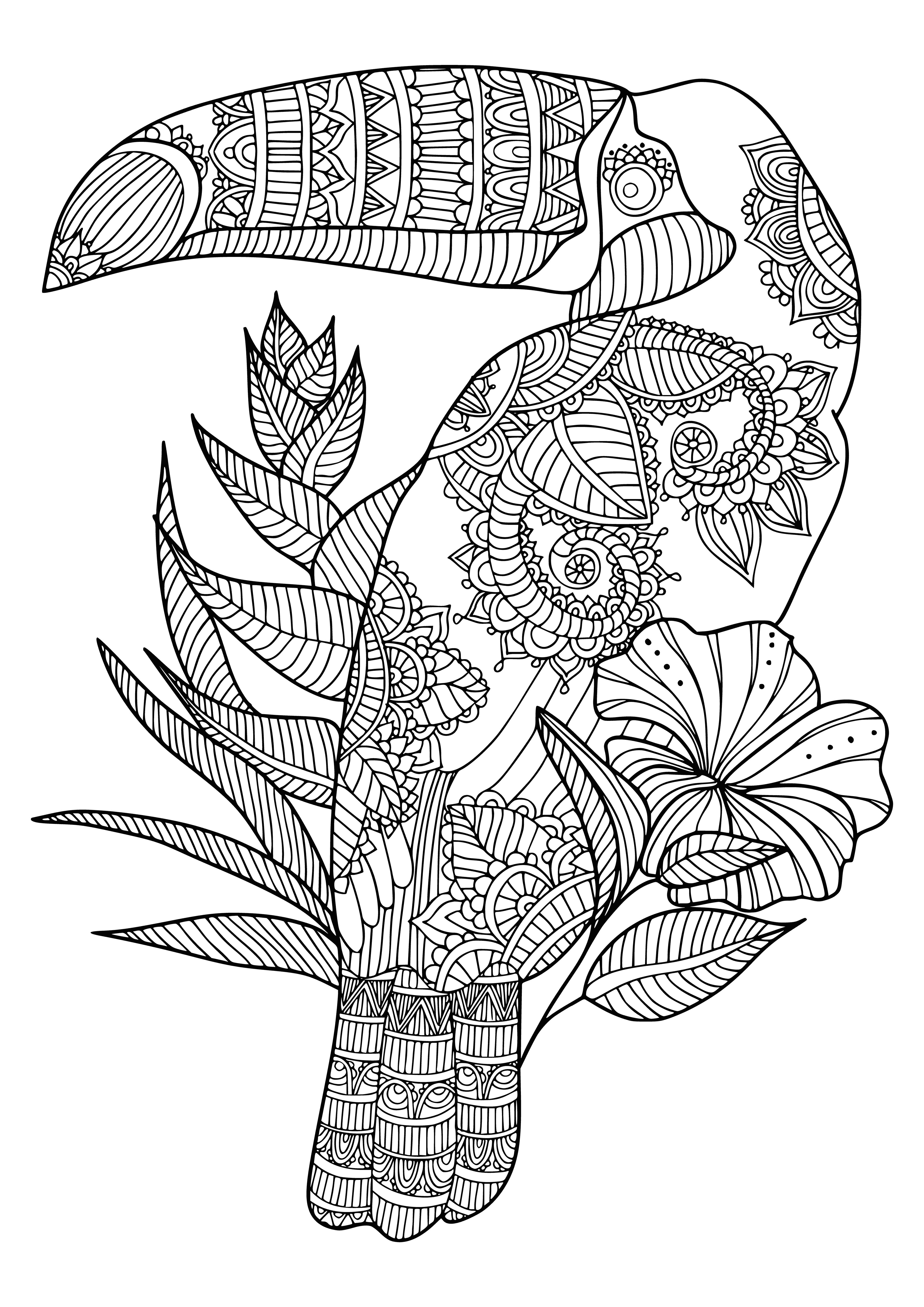 coloring page: A toucan with a yellow beak and body and black wings and stripes perched on a gradient of blues and greens.