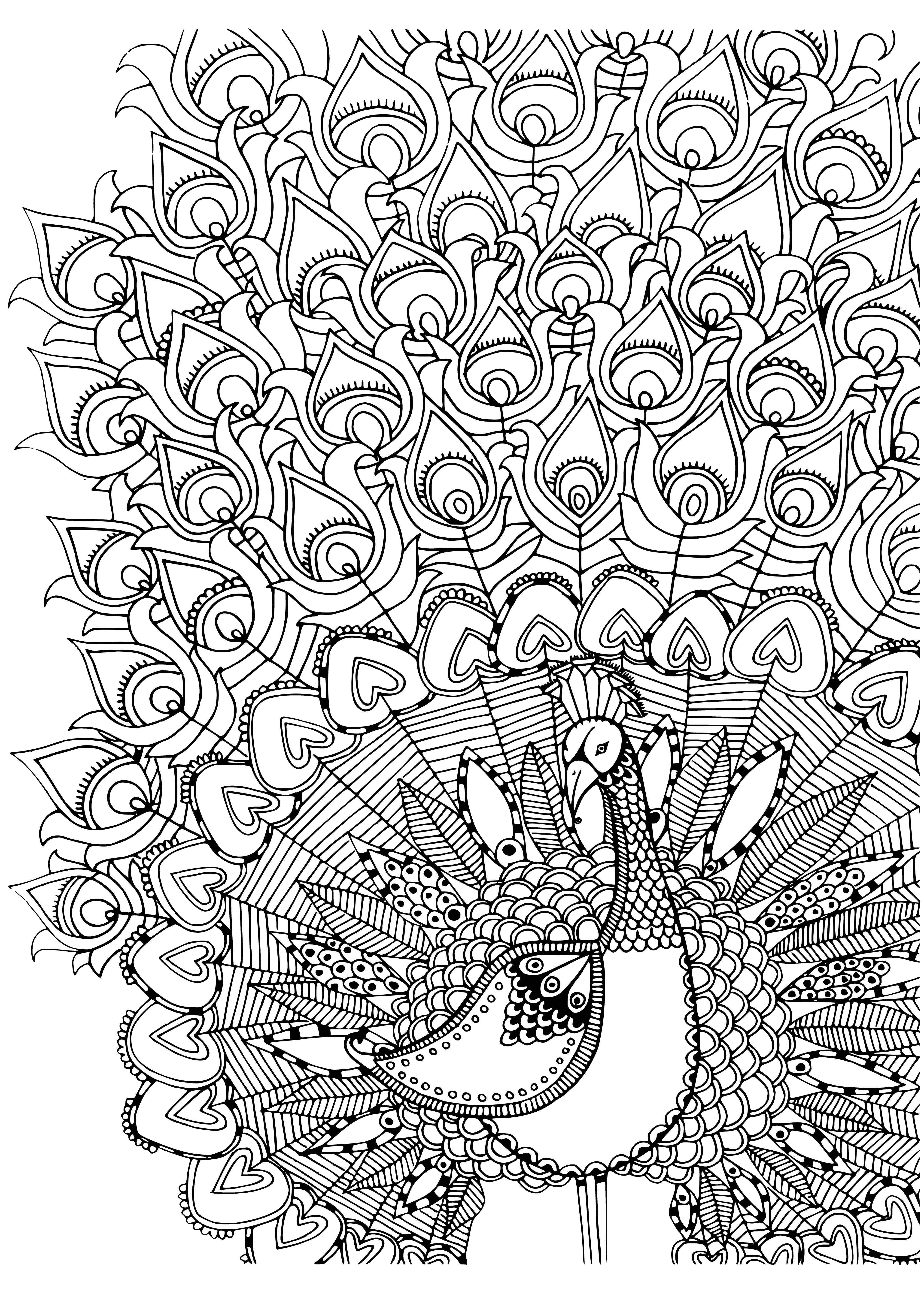 coloring page: A colorful peacock is perched atop a tree, overlooking a peaceful landscape of tree, flowers, and water. #birds #feathers