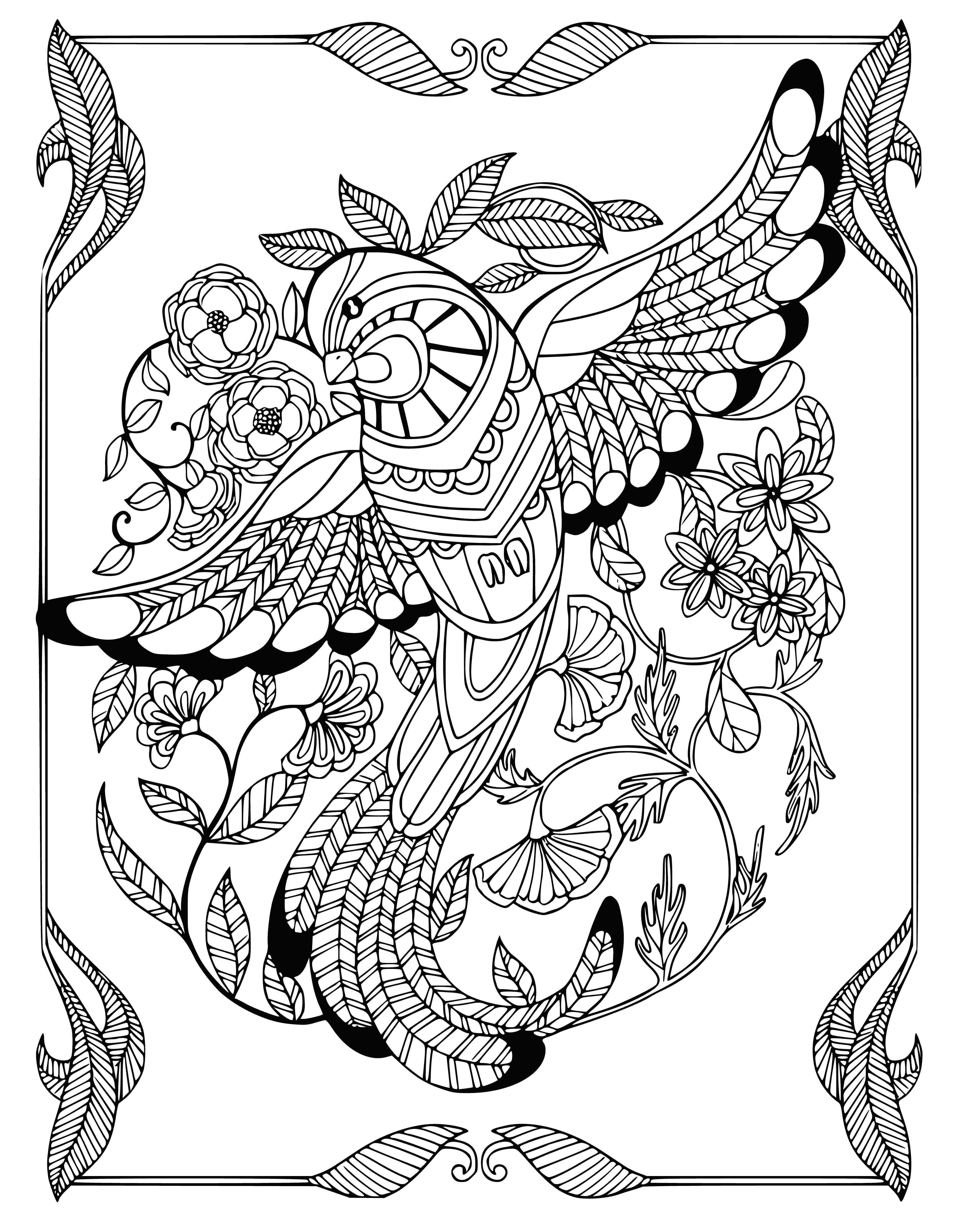 coloring page: Adorable small bird perched on branch. Blue body, white belly, yellow wings, long thin beak and black eyes.