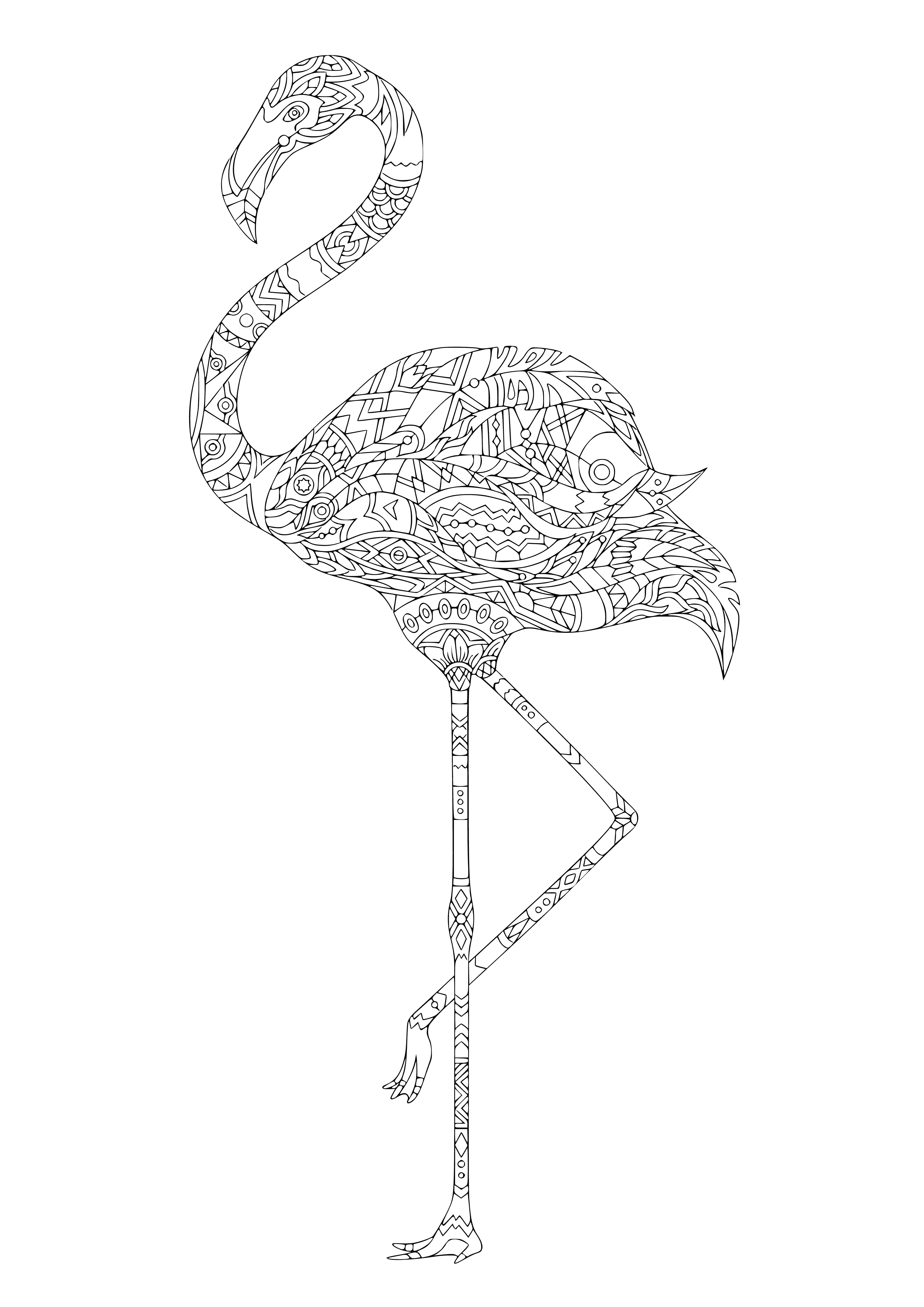 coloring page: A tall pink bird with open beak stands in shallow water, its wings and webbed feet spread out.