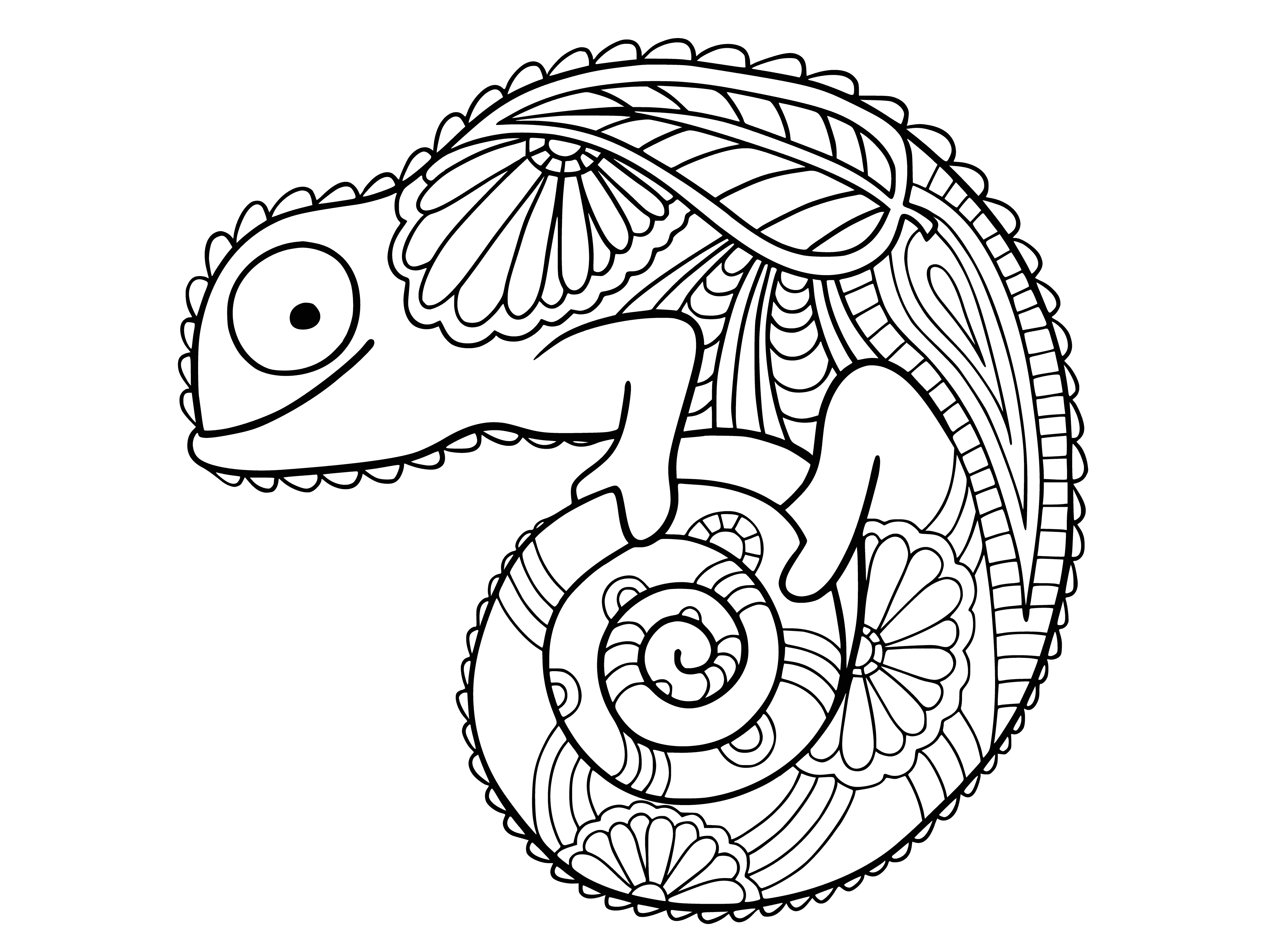 coloring page: Chameleon perched, tongue flicking to catch a fly. Dull green skin, spots of brown & yellow. Large, bulging eyes, crest on its head.
