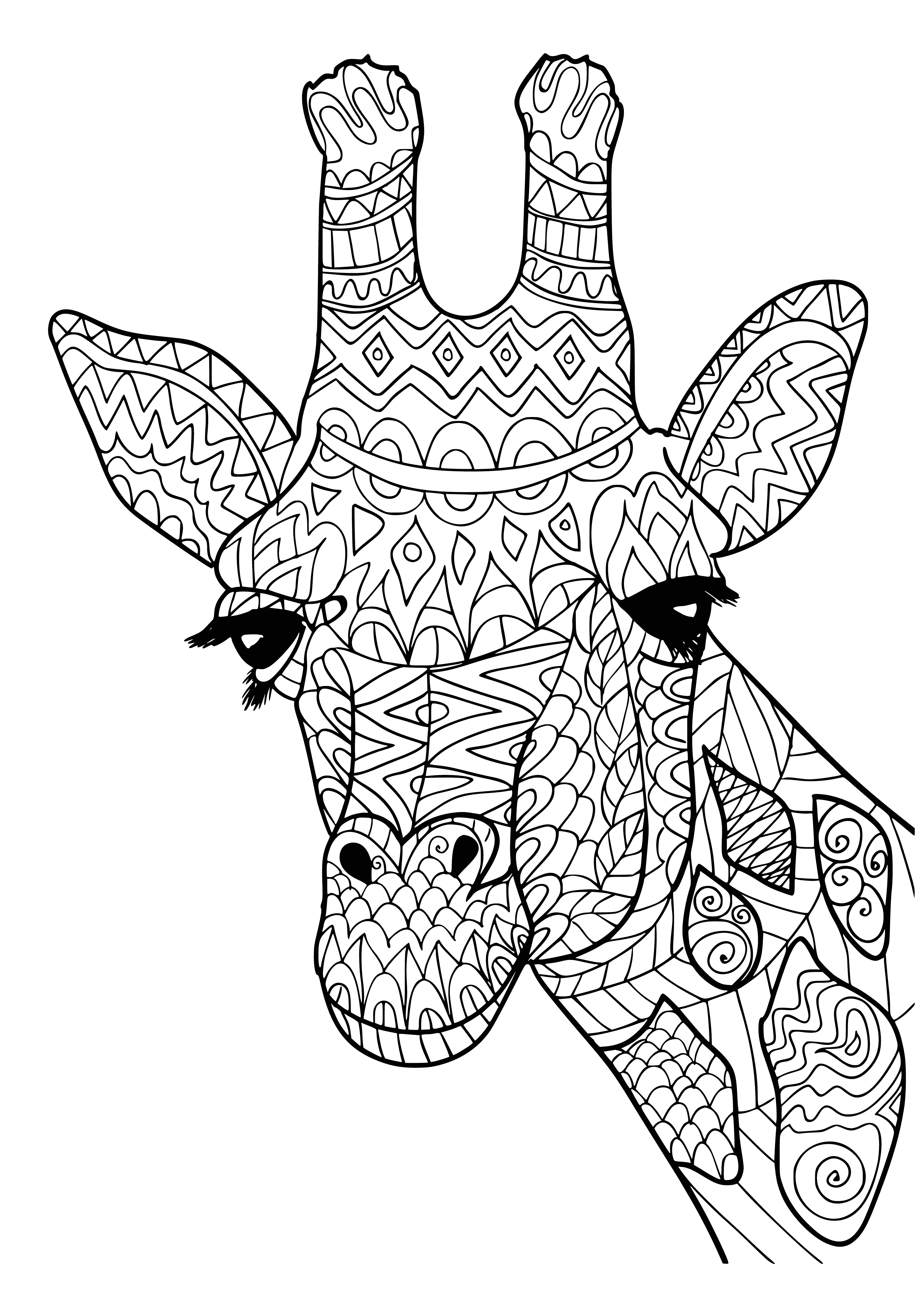 coloring page: Enjoy coloring a giraffe, a long-necked mammal with spots on its fur, against a backdrop of white and trees. #giraffe #coloring