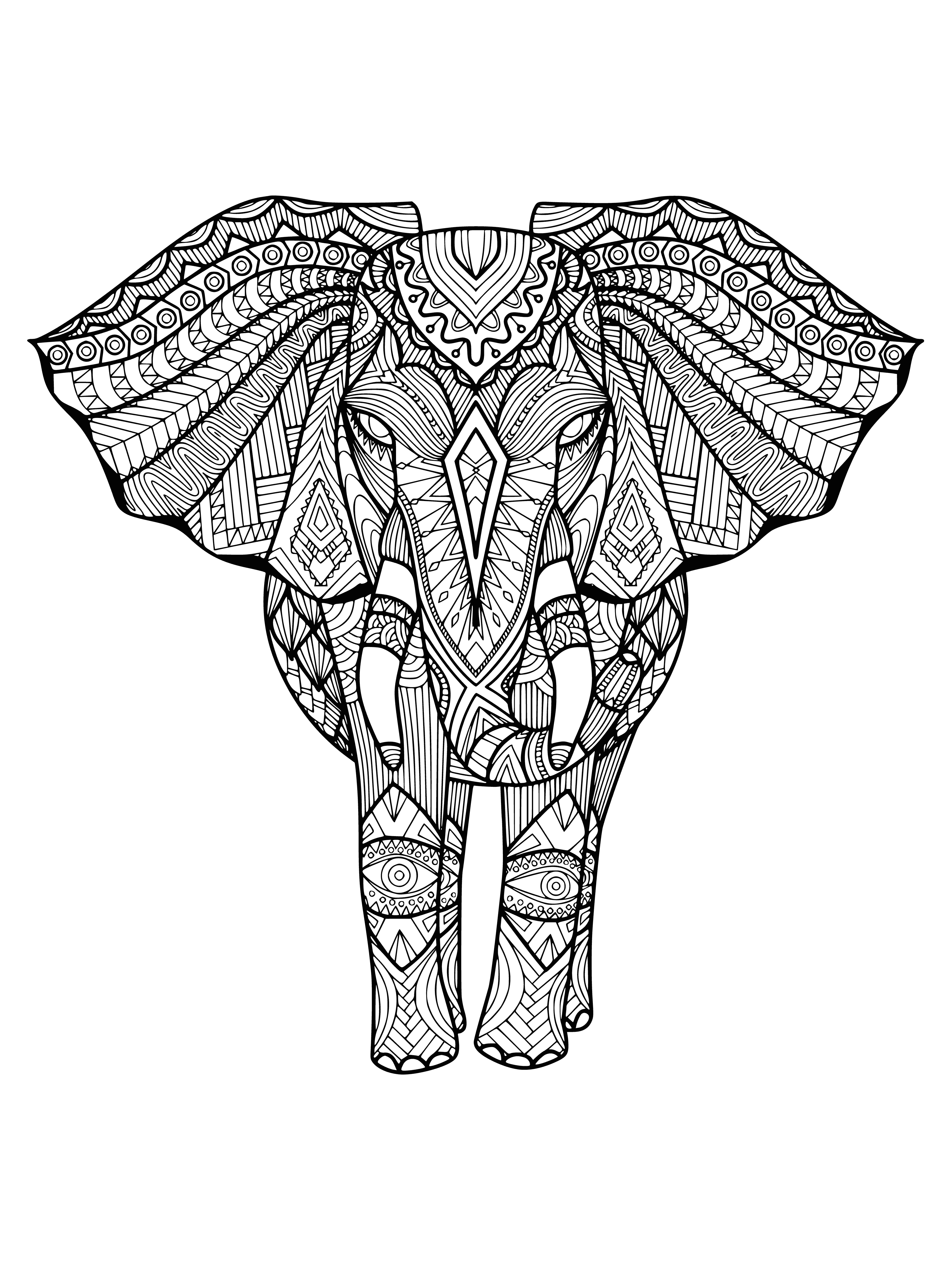 coloring page: A elephant coloring page: gray w/ white spots, long trunk, big ears, standing on a patch of grass. #creativeKids