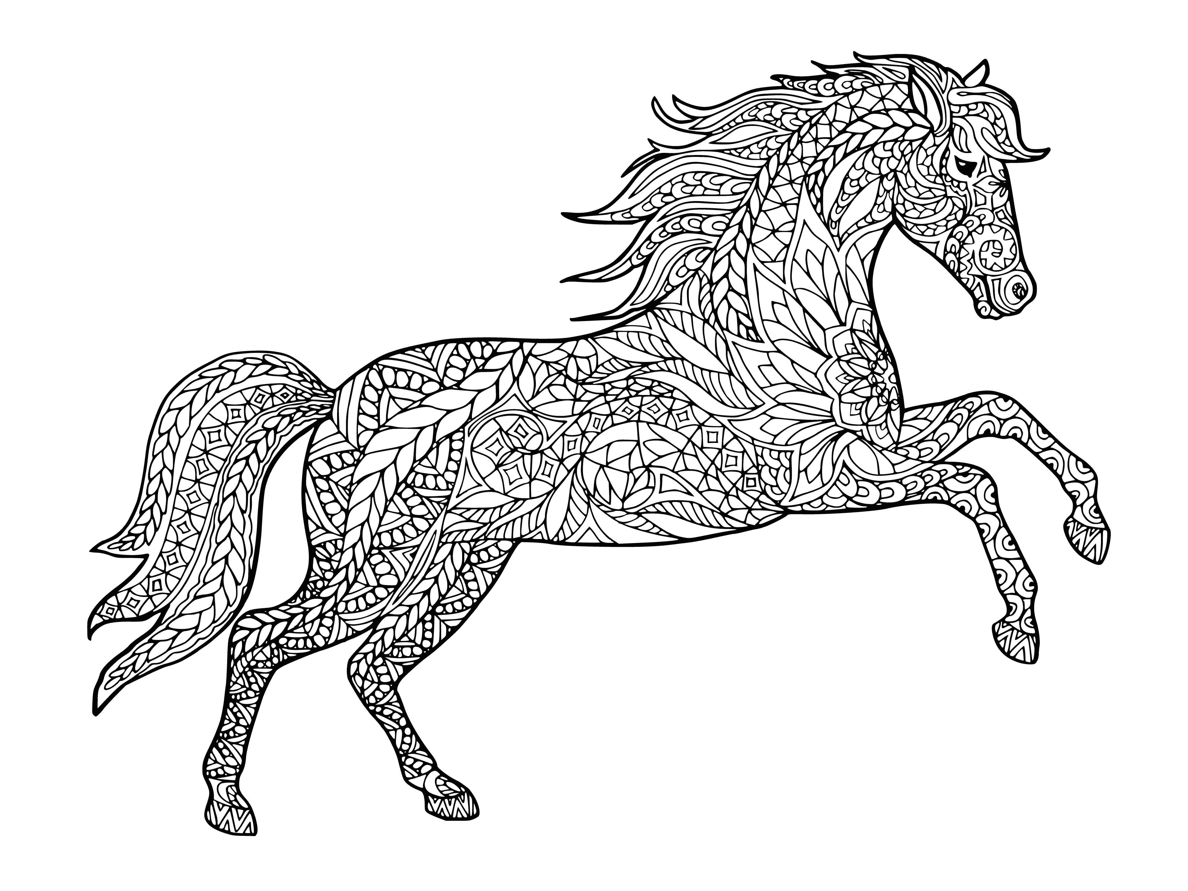 coloring page: Coloring pages of a black and white horse in a stable, eating hay and drinking water from a bucket. #animals #coloringpages #horse