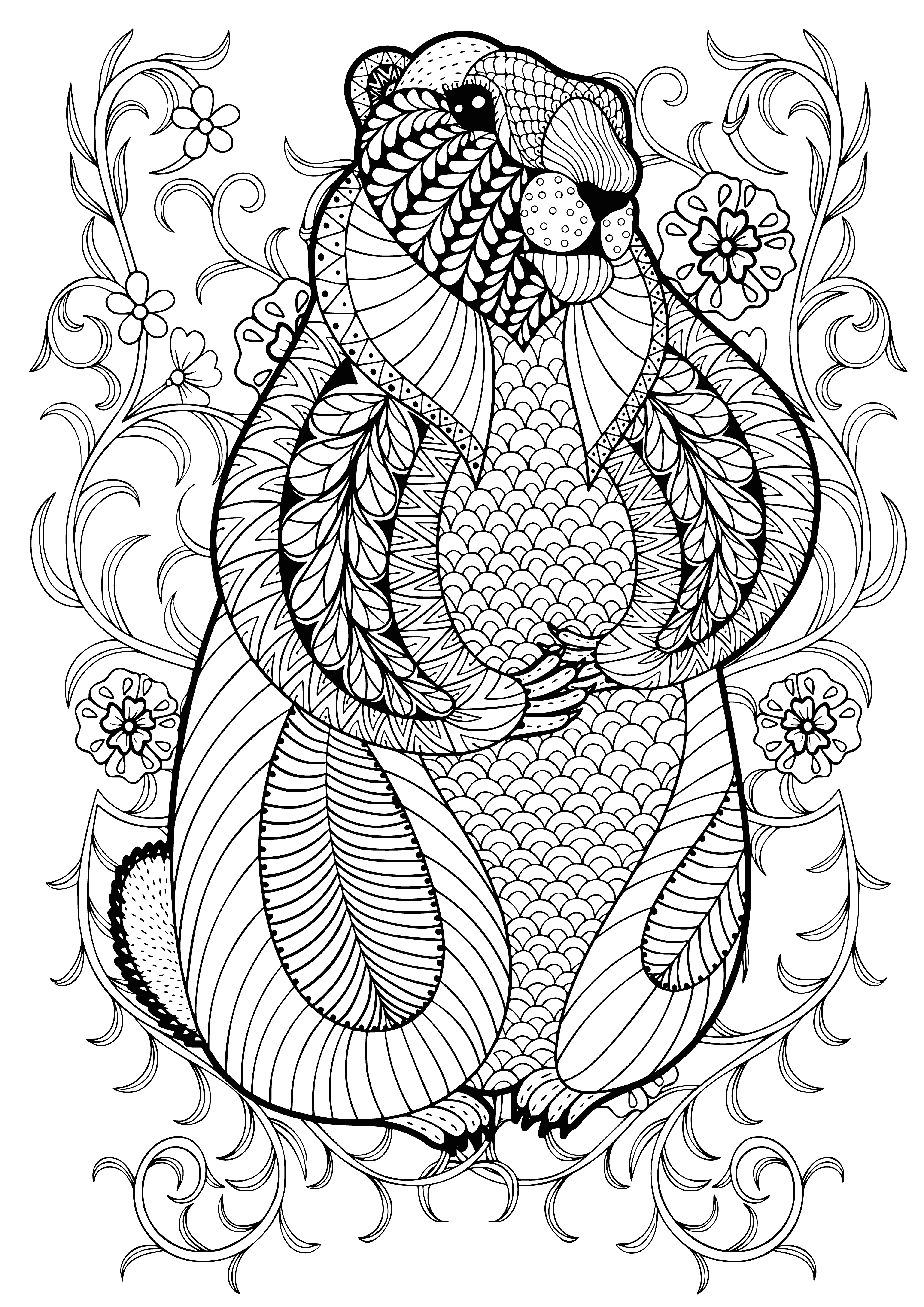 coloring page: A marmot sits on a hill surrounded by trees and flowers, looking up at the sky with a large nose. #AntistressAnimals