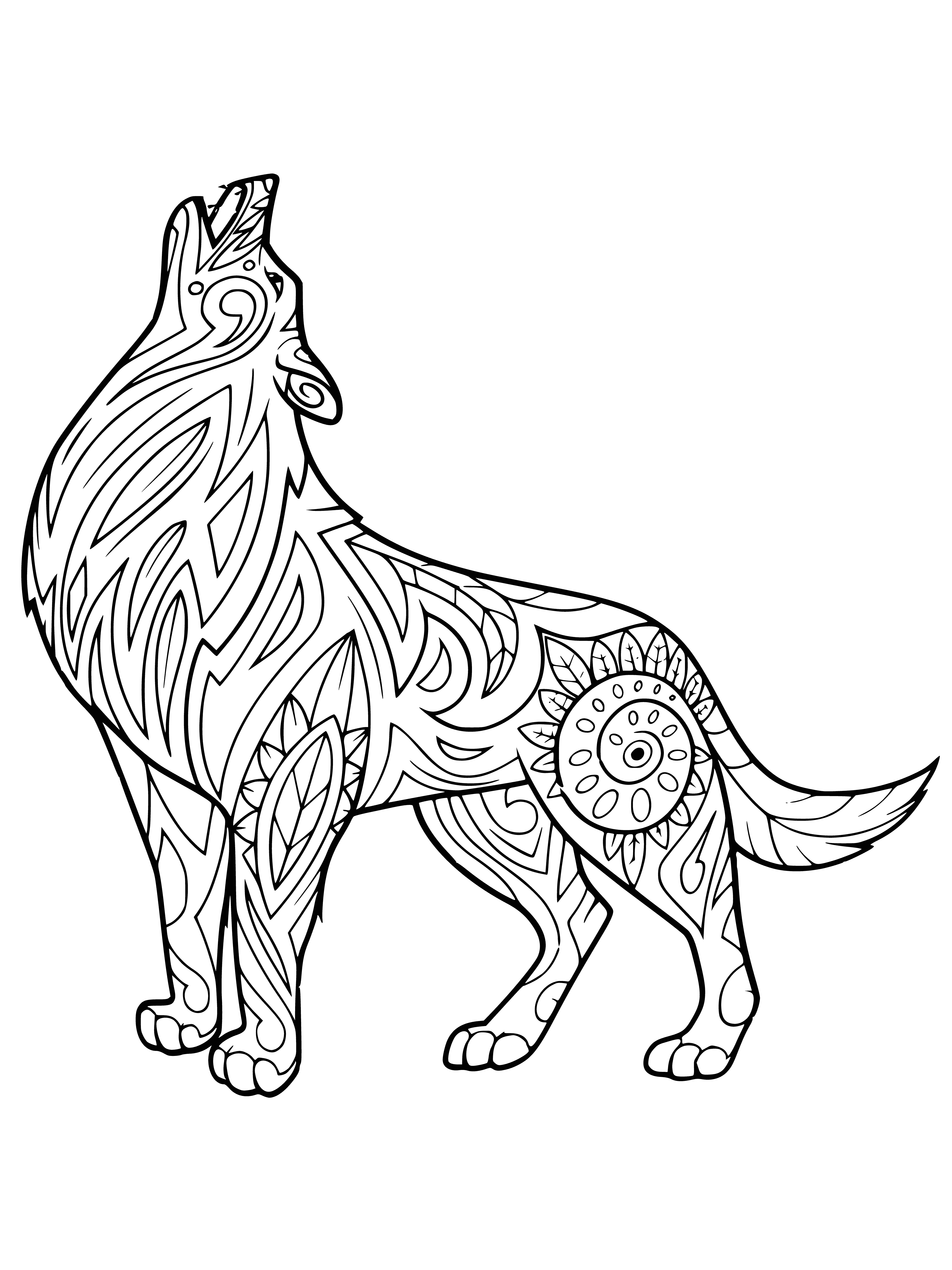 coloring page: Beautiful coloring page of a wolf howling at the moon in a dark sky with stars and blue skies. Perfect for animal lovers and outdoor enthusiasts! #coloringpages