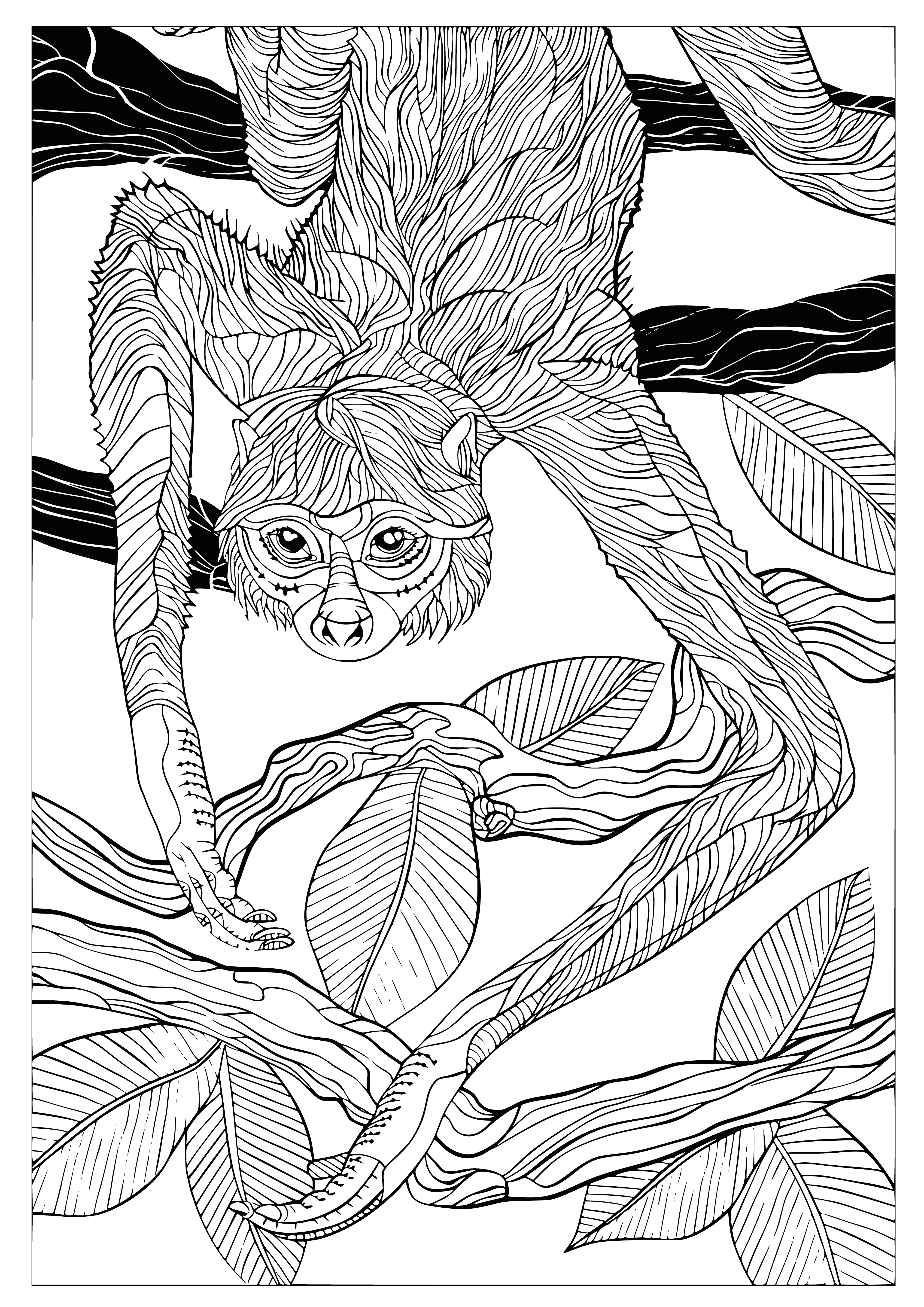 coloring page: Color an adorable sloth hanging from a tree surrounded by leaves. Brown body & white face! #Animals #coloring