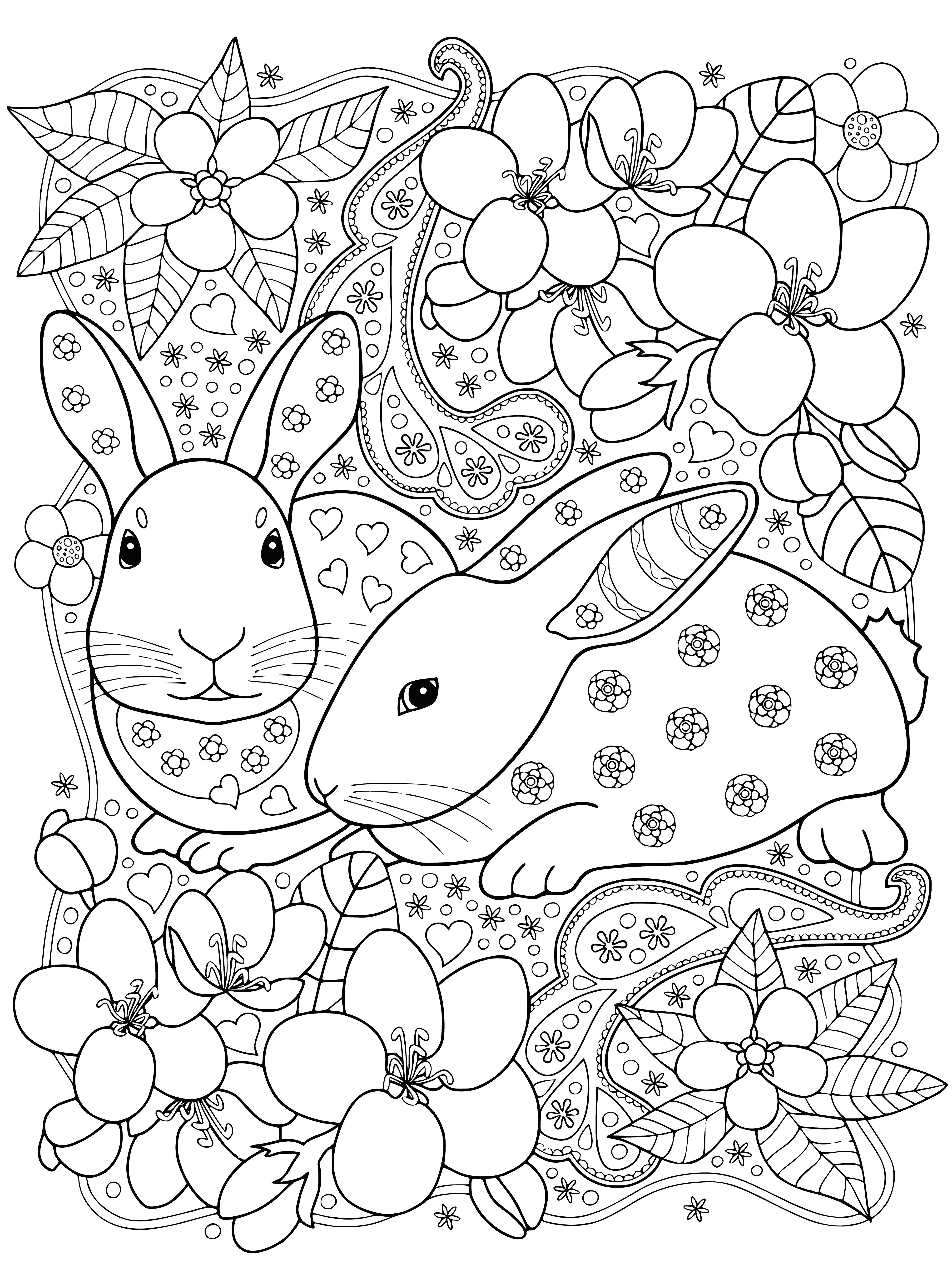 coloring page: Two rabbits are in a garden, one standing and one sitting, content and with eyes closed. Perfect for coloring pages!