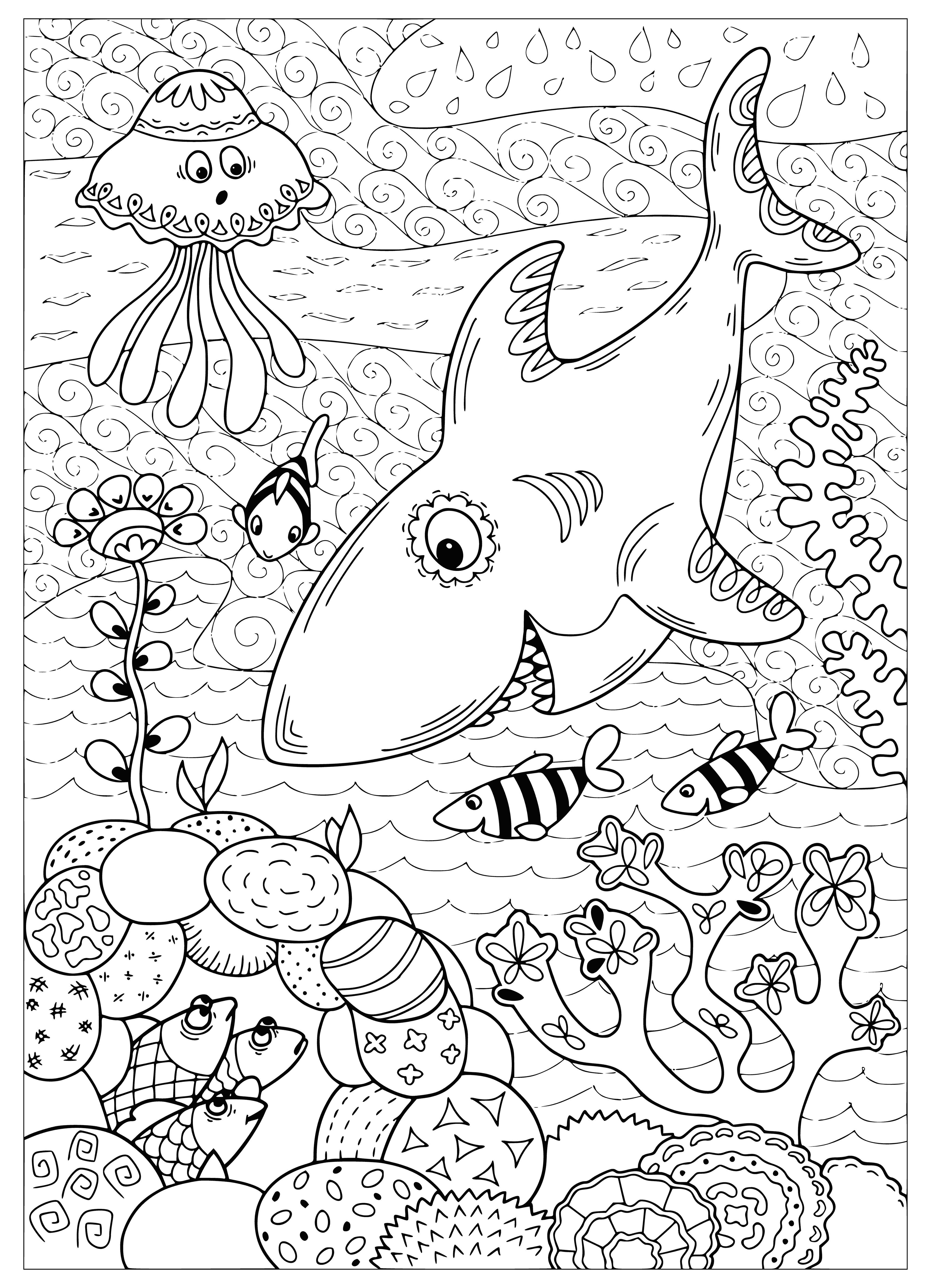 coloring page: Large, dark shark gracefully swims through coral reef w/ bright eyes, sharp teeth, strong fins, & powerful tail.