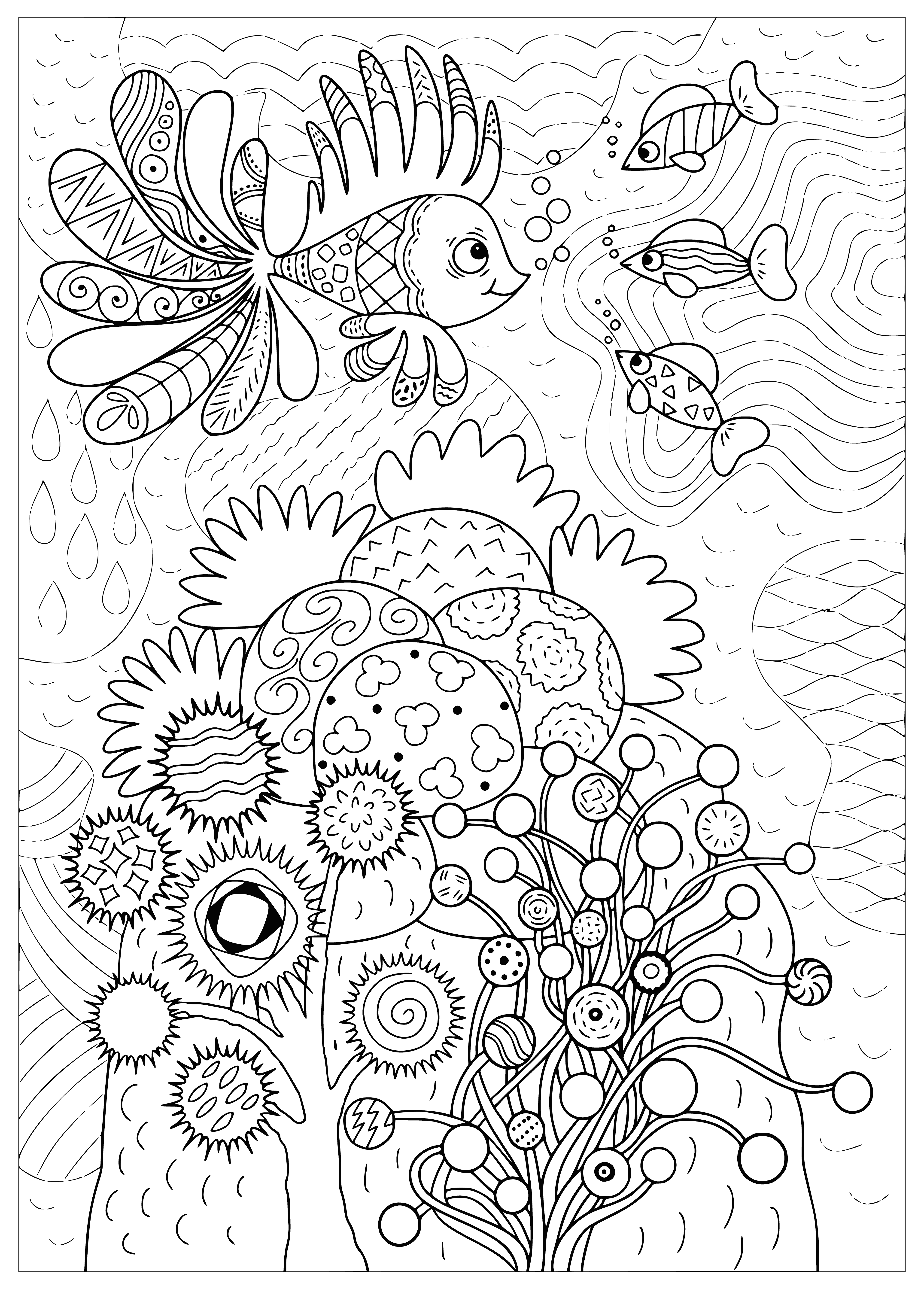 coloring page: School of small blue fish glide through the water in formation, surrounded by colorful schools in the distance. Sun sparkles on their scales.