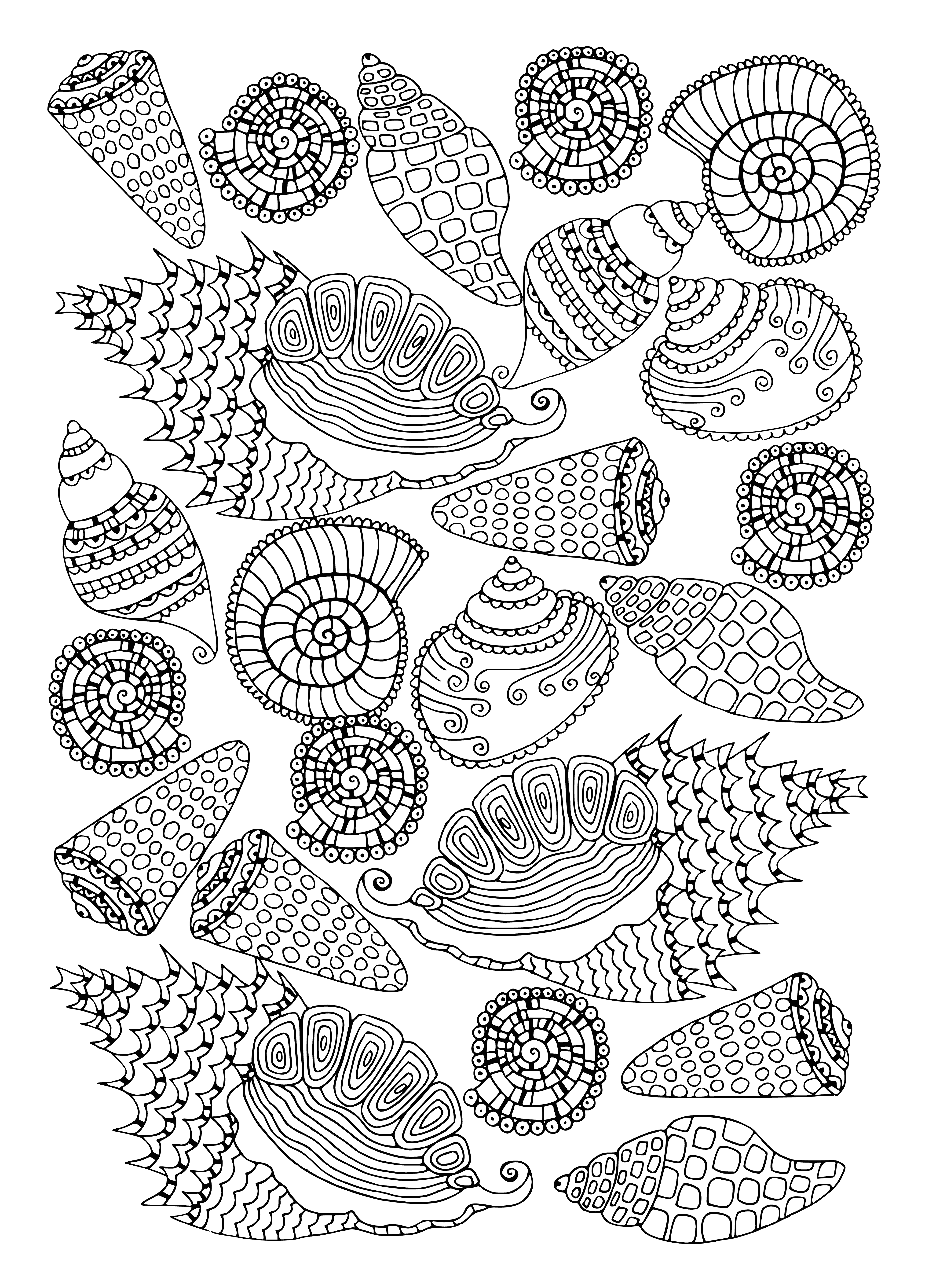 coloring page: A coloring page of seashells, rocks, and seaweed. Different colors, shapes, and sizes with some having patterns.
