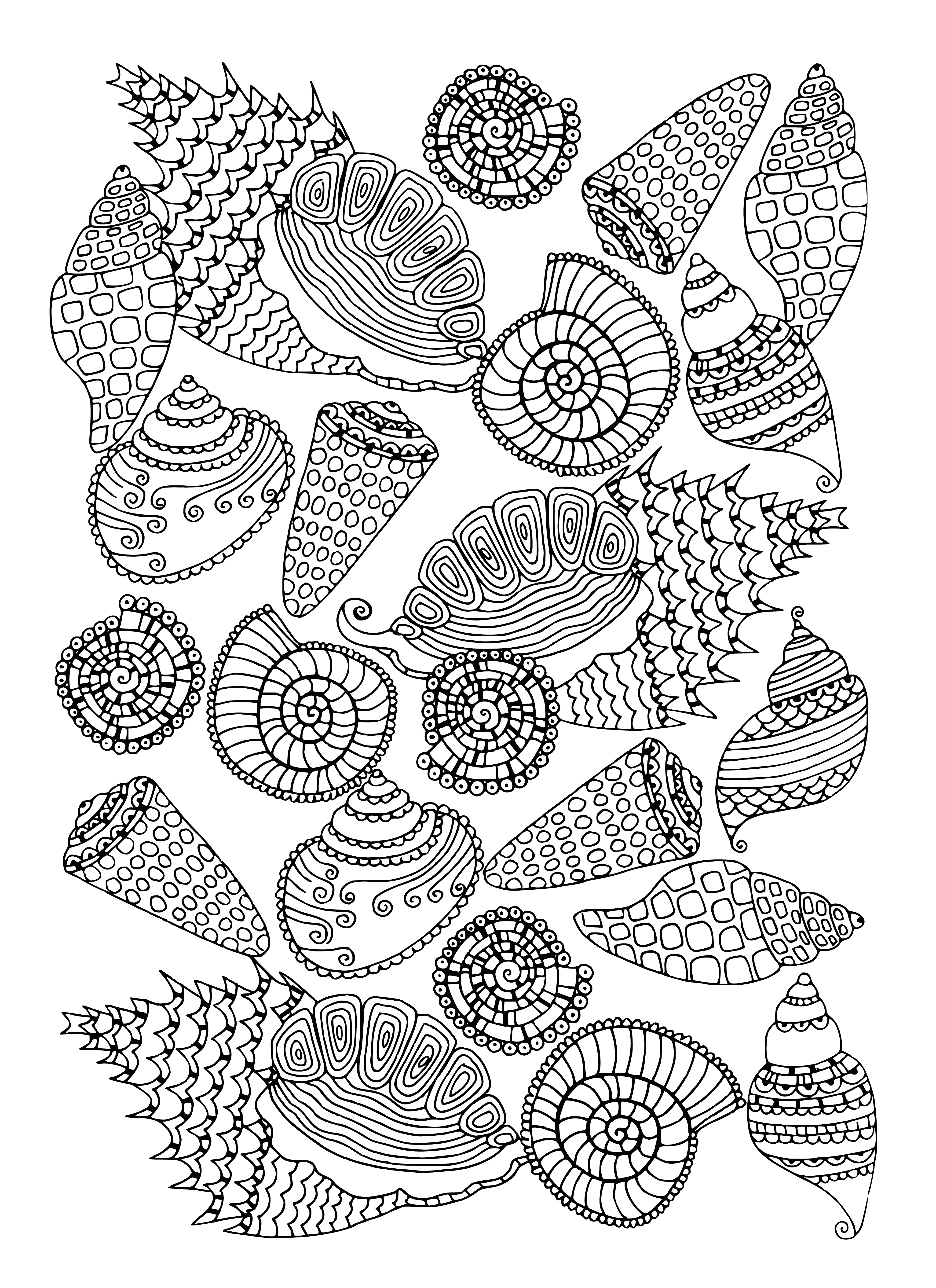 coloring page: ? ? Coloring page of a spirally seashell, adorned with swirls and set against a detailed seascape. #Coloring