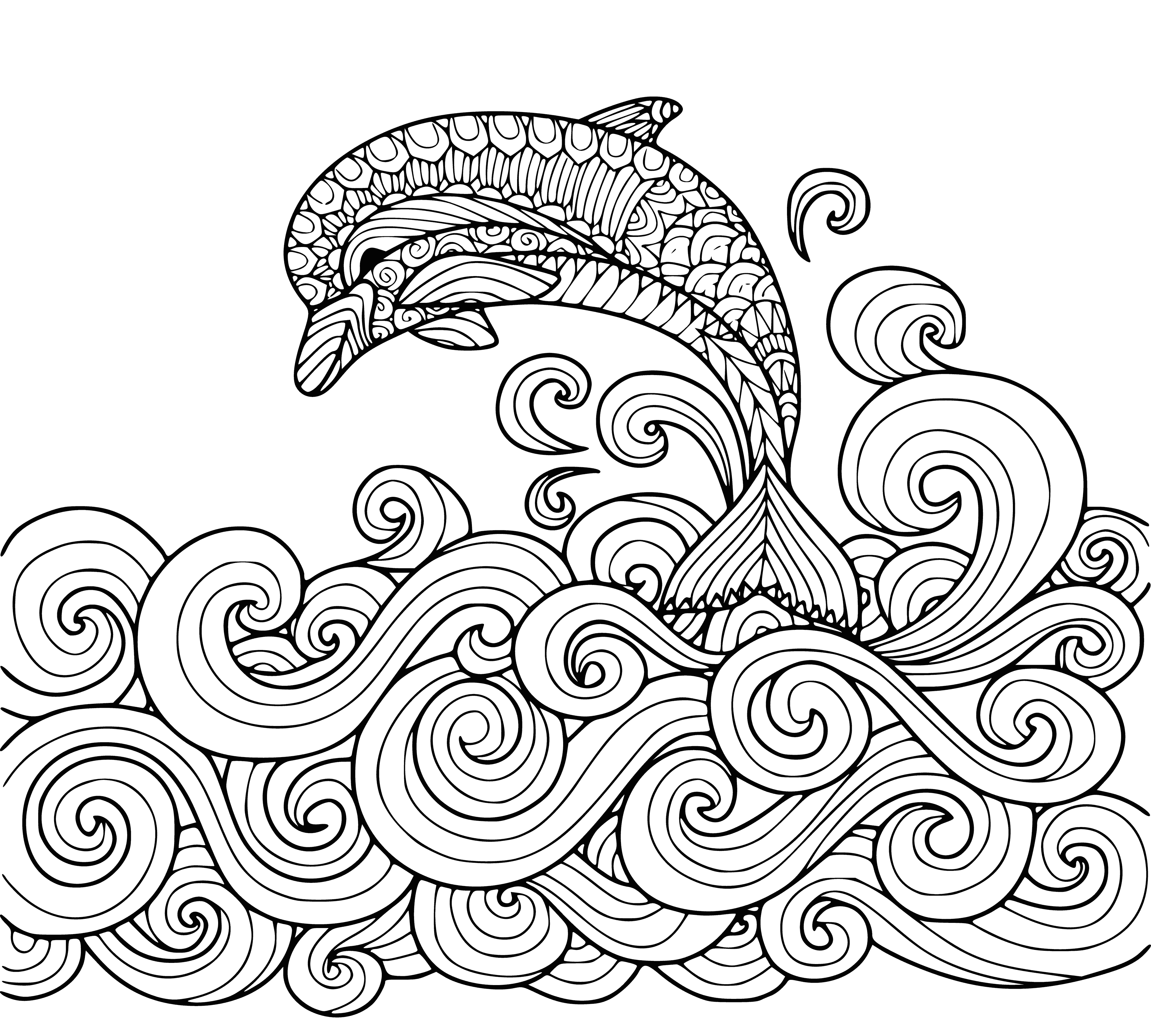 coloring page: Dolphin gracefully leaps, sun shining on deep blue ocean & sky, beautiful gray with white belly + fins, long curved beak, black eyes.