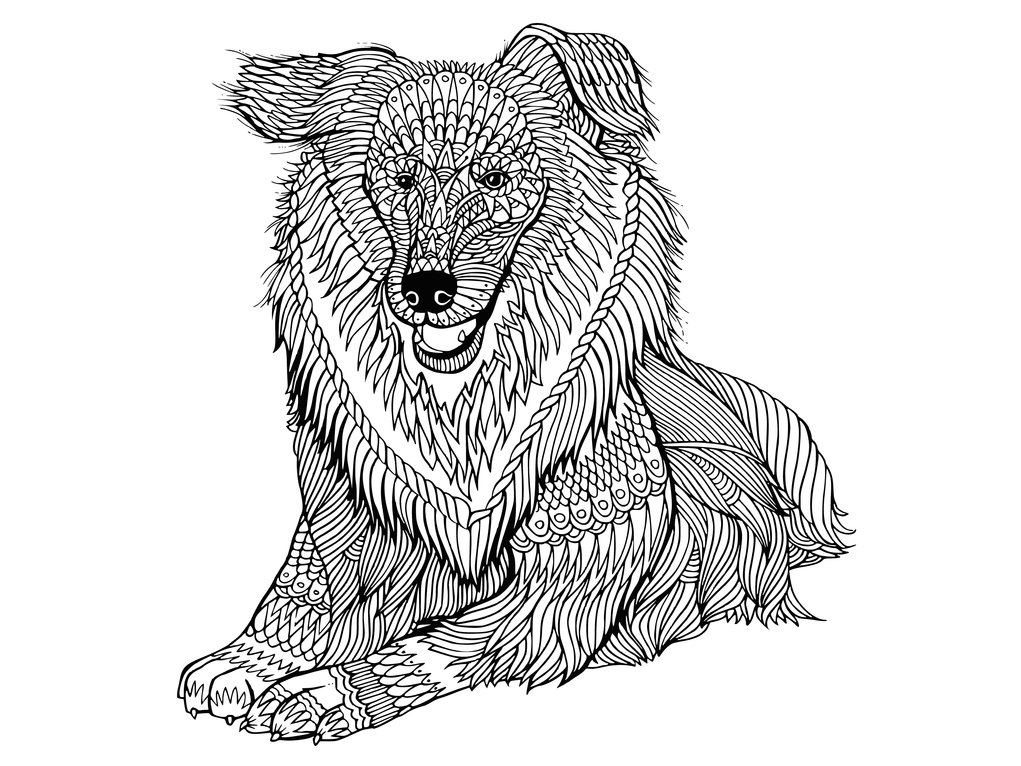 coloring page: A brown and white dog crosses a bridge over a river.