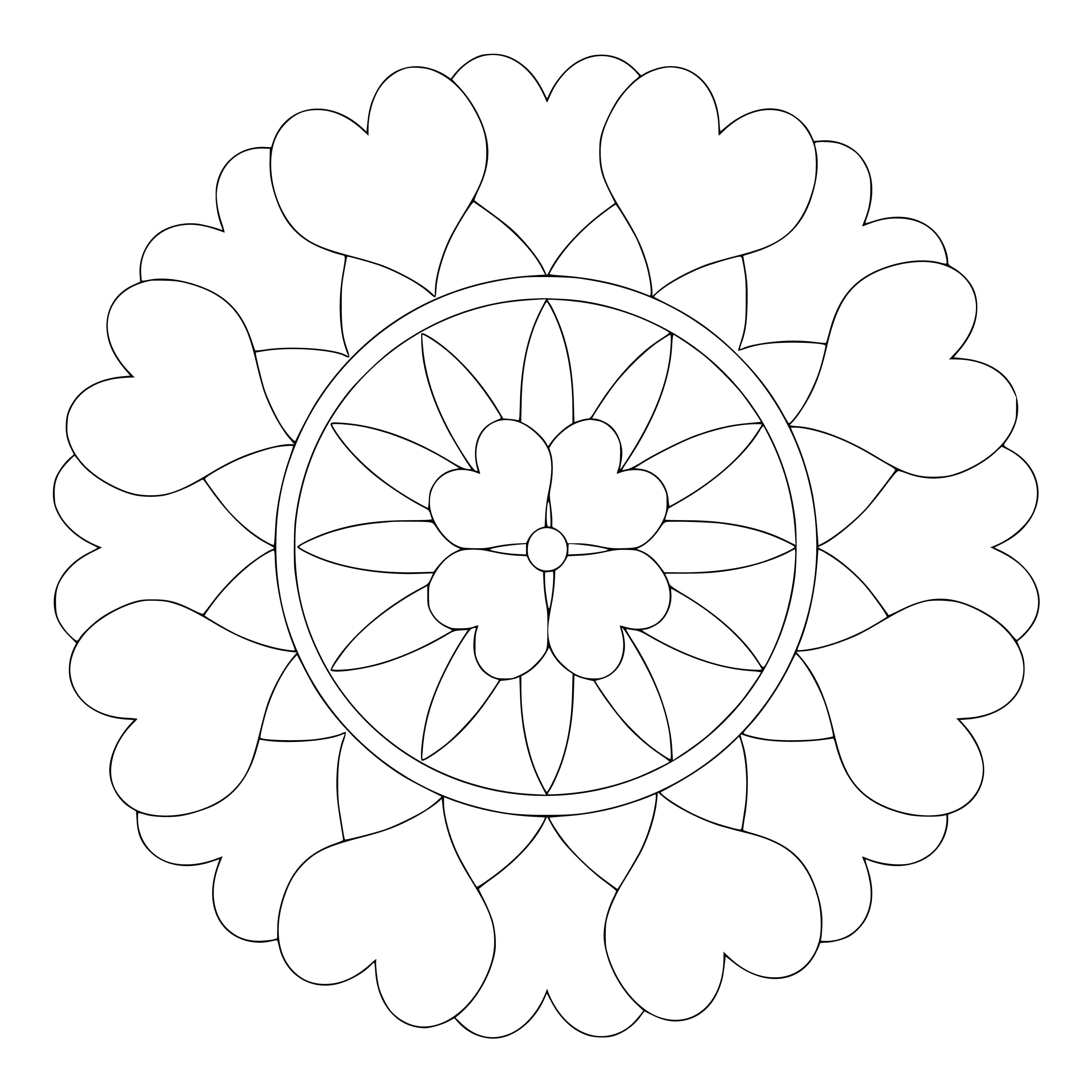 coloring page: Creating mandalas, symbolizing the interconnection of life and the universe, is a meditation practice. ?‍♀️A large flower in the center of a mandala encircled by leaves, vines, and flowers in a square with curved corners. Meditation through mandala making builds understanding of the universe.