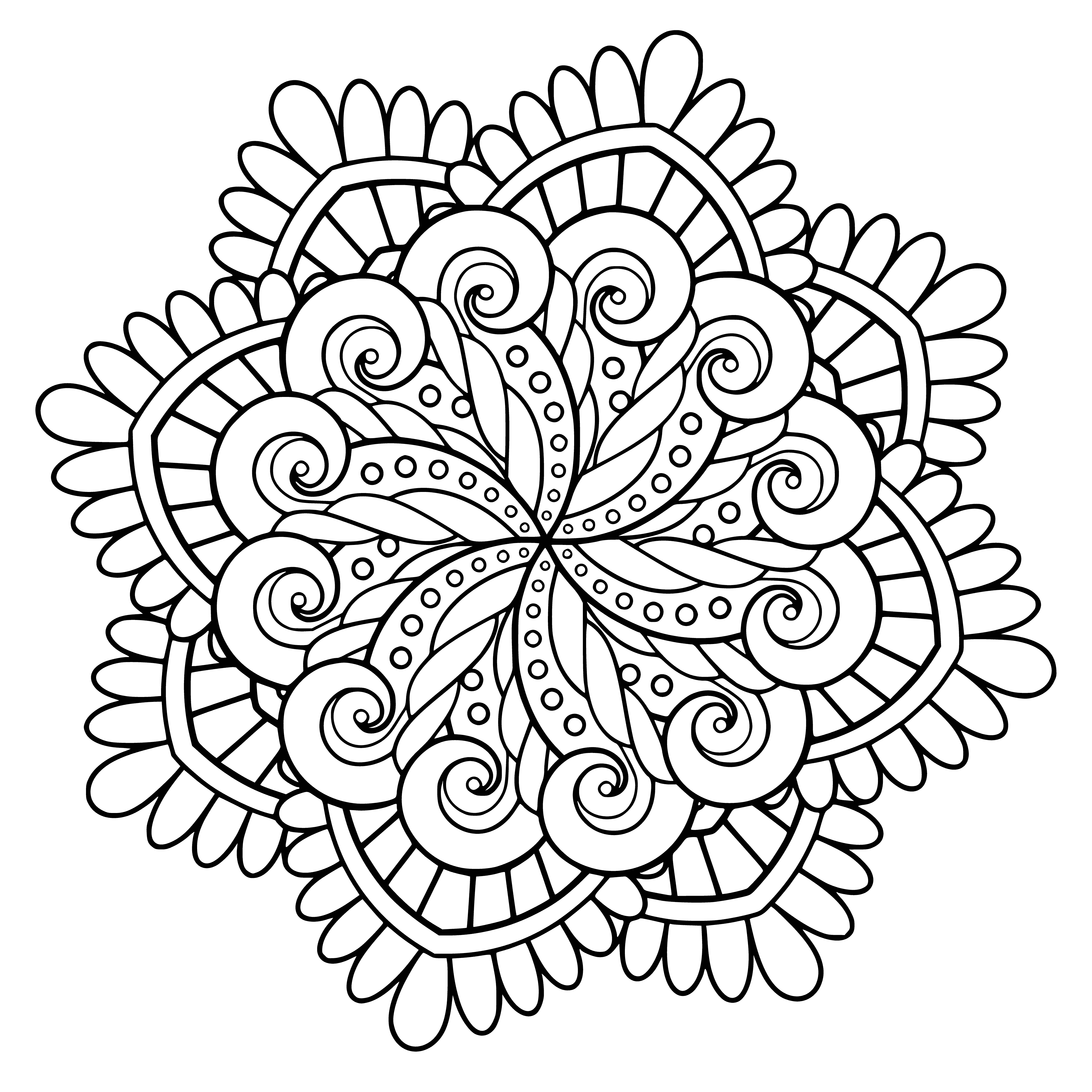 coloring page: Person sits at table, coloring in a mandala with a blue crayon from a box of crayons. Imagining the intricate symmetry of white & color.